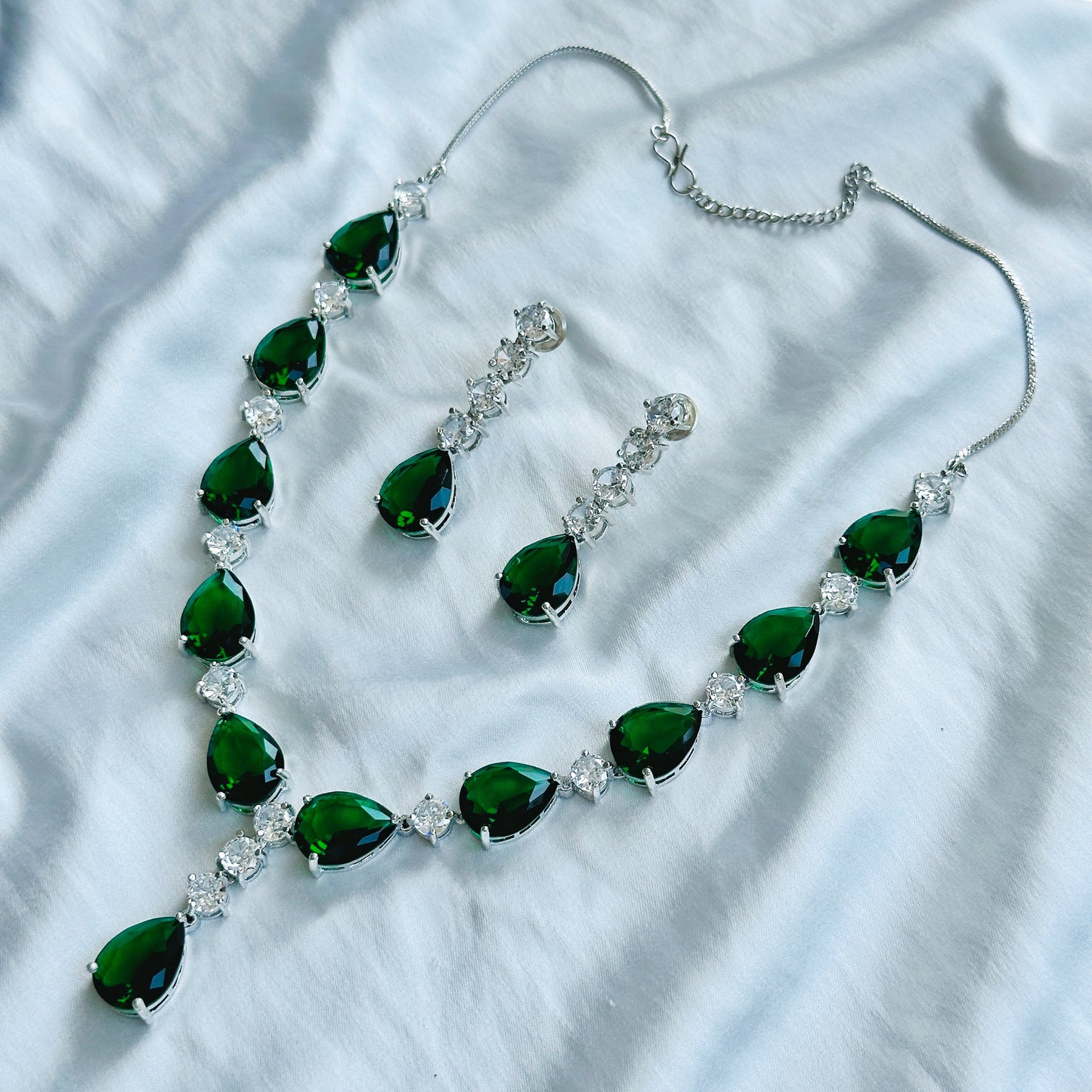 Green Emerald Cubic Zircon American Diamond Silver Plated Necklace Set
