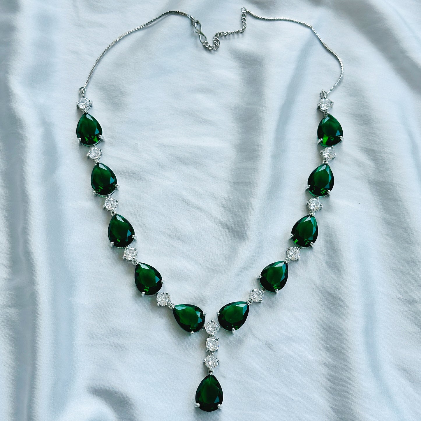 Green Emerald Cubic Zircon American Diamond Silver Plated Necklace Set