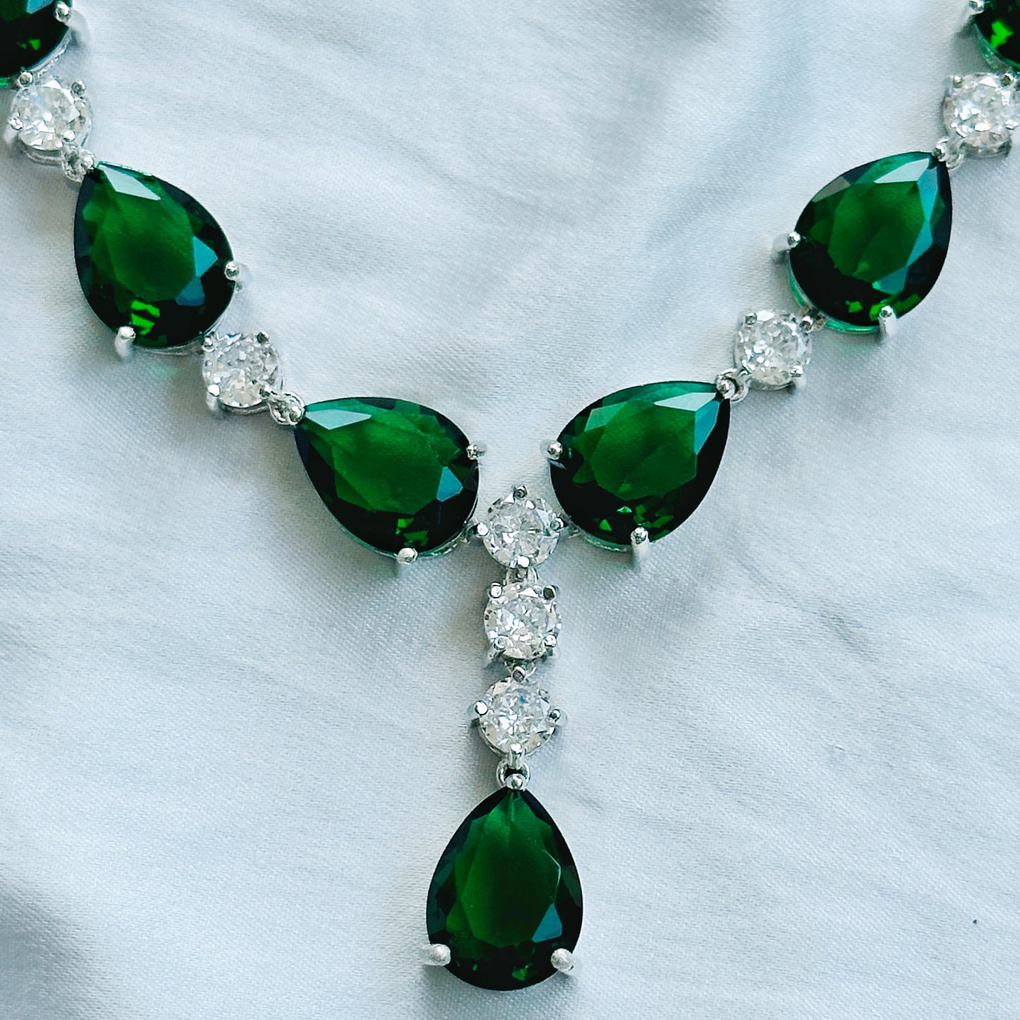 Green Emerald Cubic Zircon American Diamond Silver Plated Necklace Set