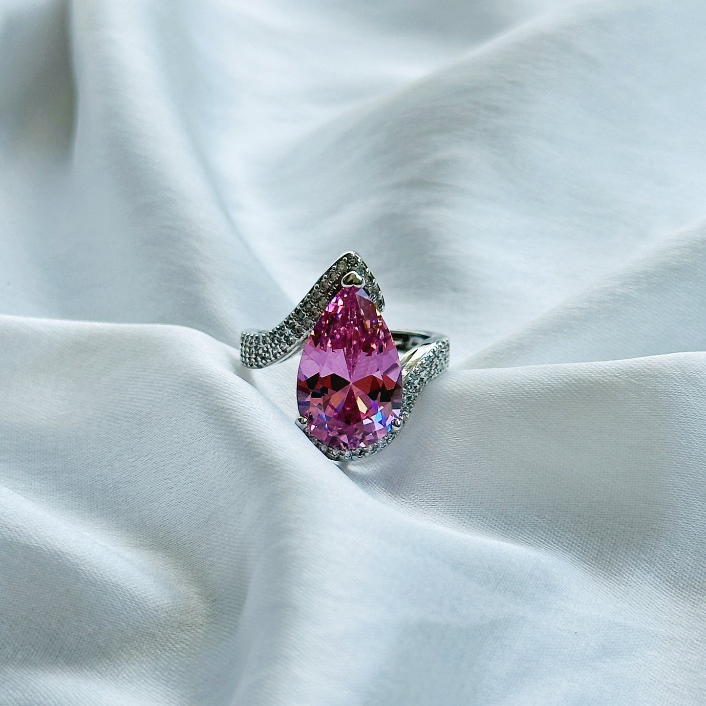 Pink Topaz Cubic Zircon Ice Cut Stone American Diamond Silver Plated Adjustable Ring