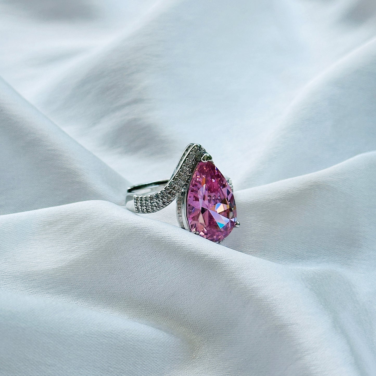Pink Topaz Cubic Zircon Ice Cut Stone American Diamond Silver Plated Adjustable Ring
