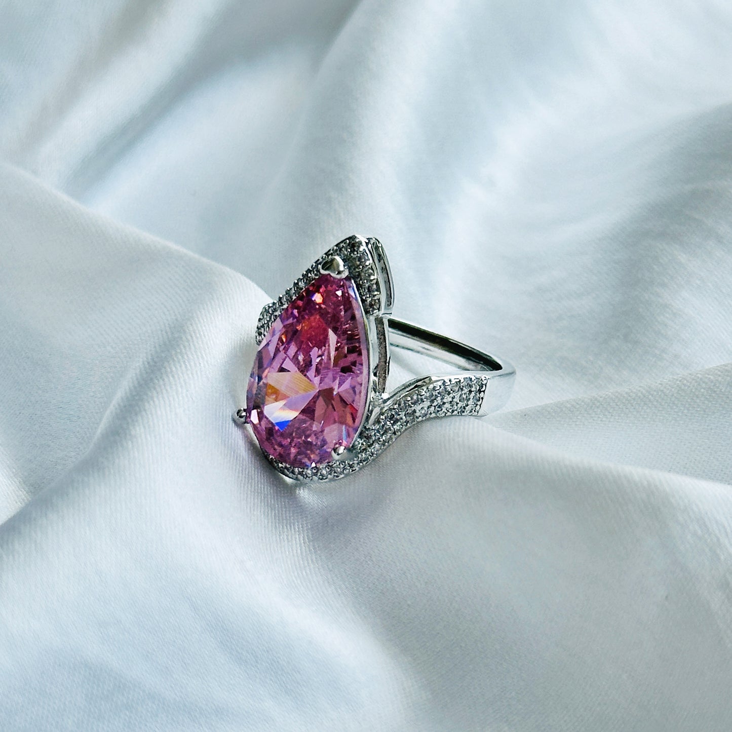 Pink Topaz Cubic Zircon Ice Cut Stone American Diamond Silver Plated Adjustable Ring