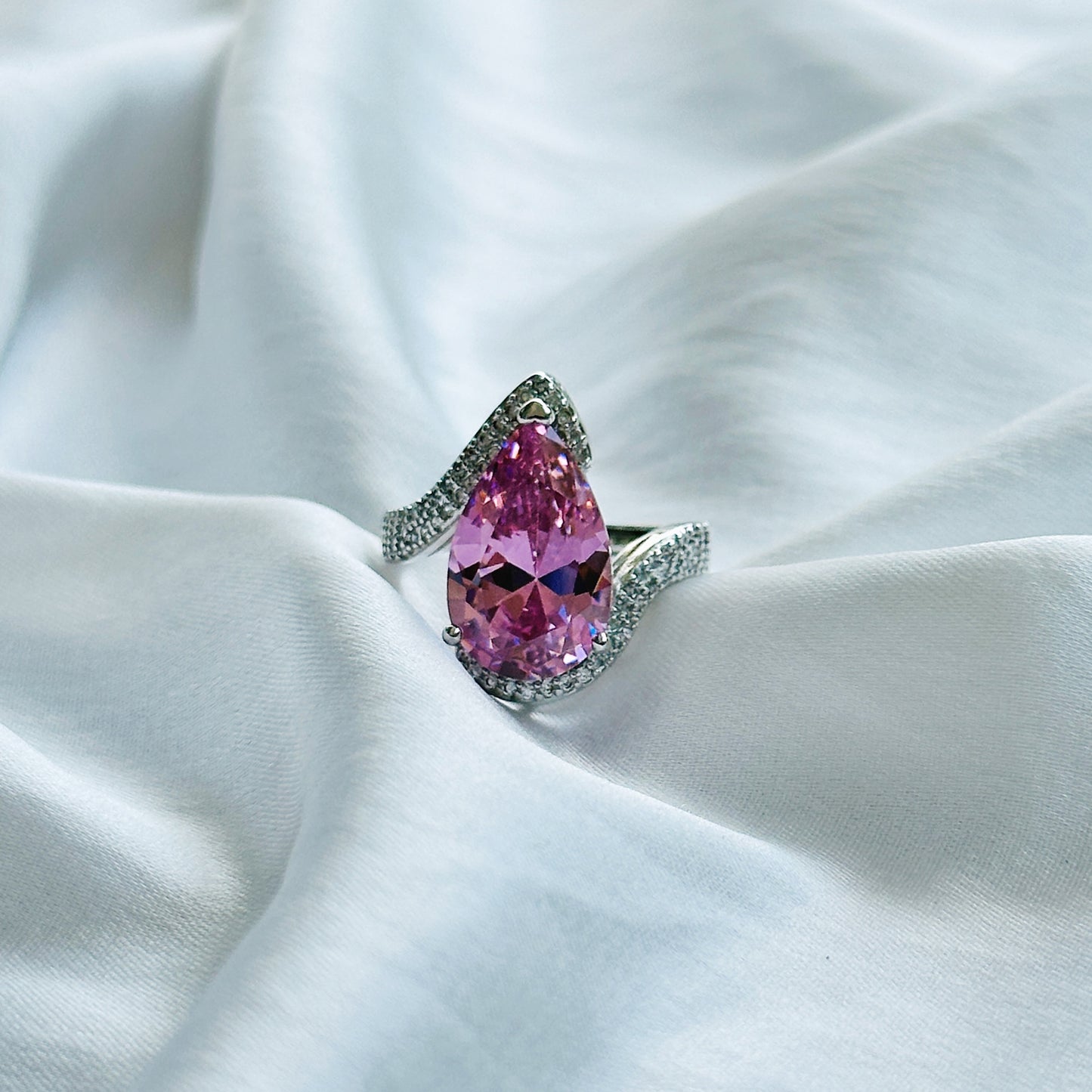 Pink Topaz Cubic Zircon Ice Cut Stone American Diamond Silver Plated Adjustable Ring