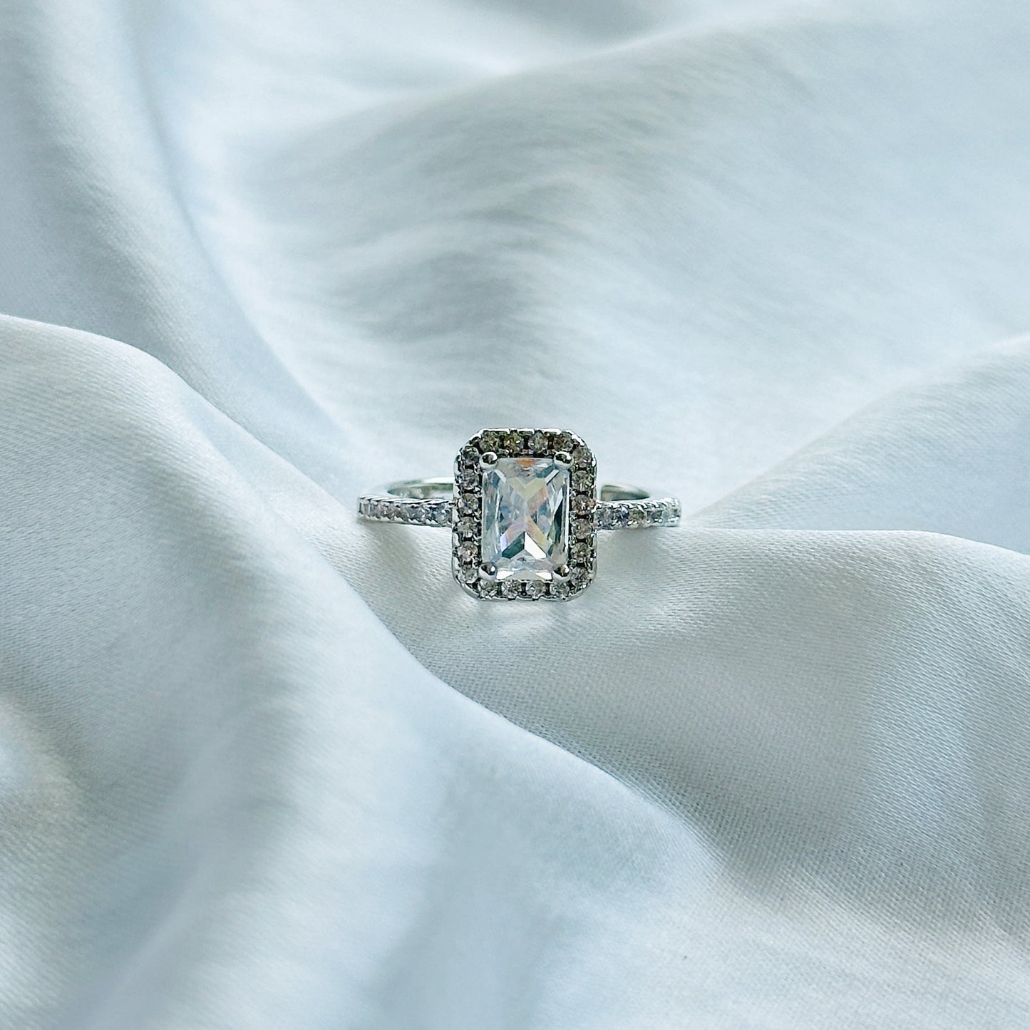 American Diamond Ice Cut Stone American Diamond Silver Plated Adjustable Ring