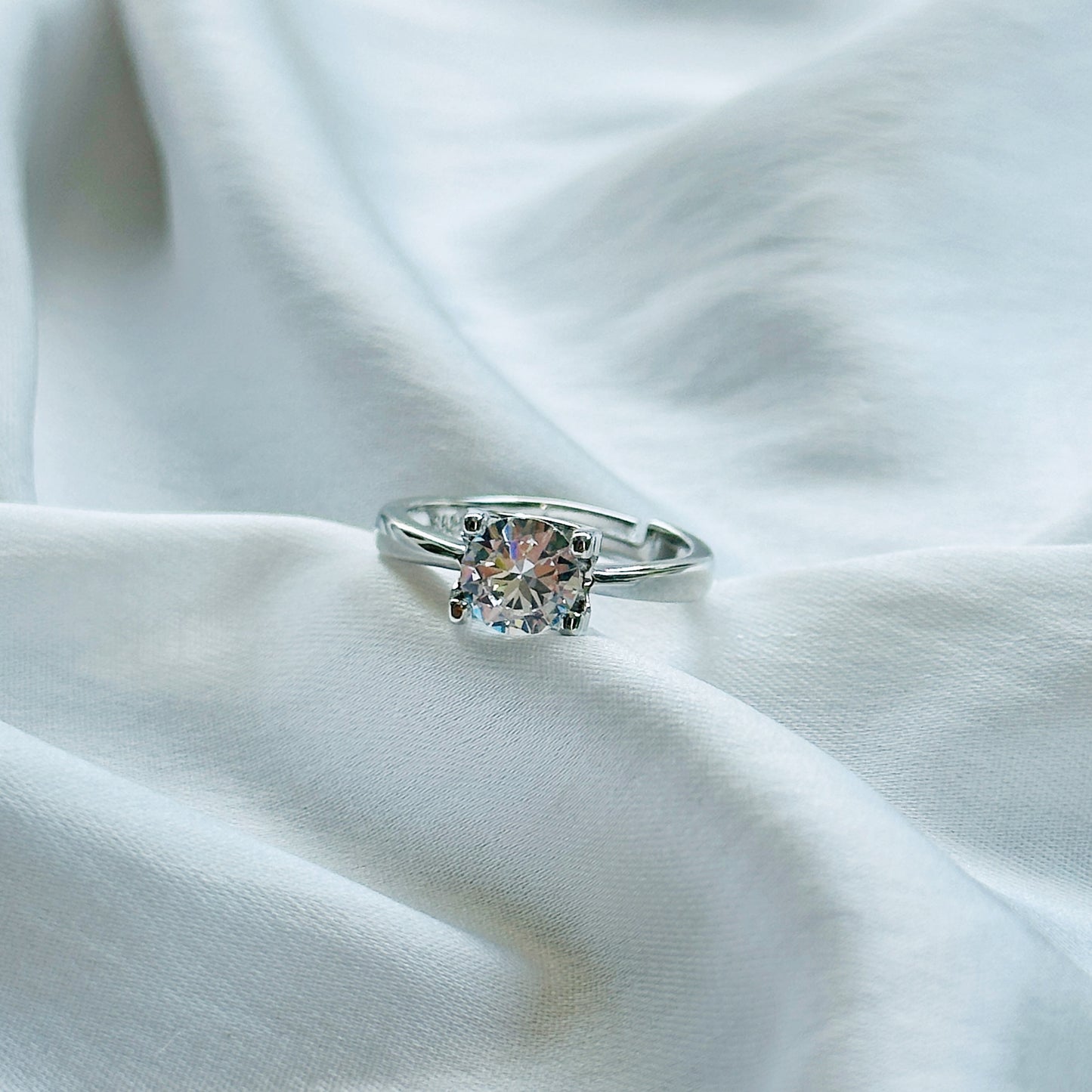 American Diamond Solitaire Ice Cut Stone Silver Adjustable Ring