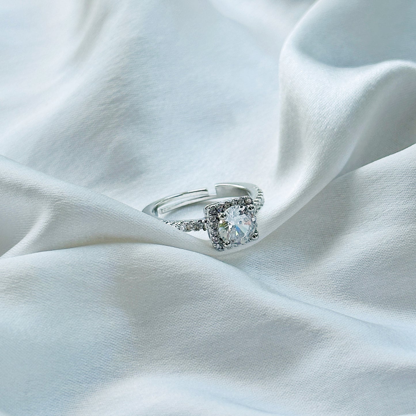 American Diamond Ice Cut Stone American Diamond Silver Plated Adjustable Ring
