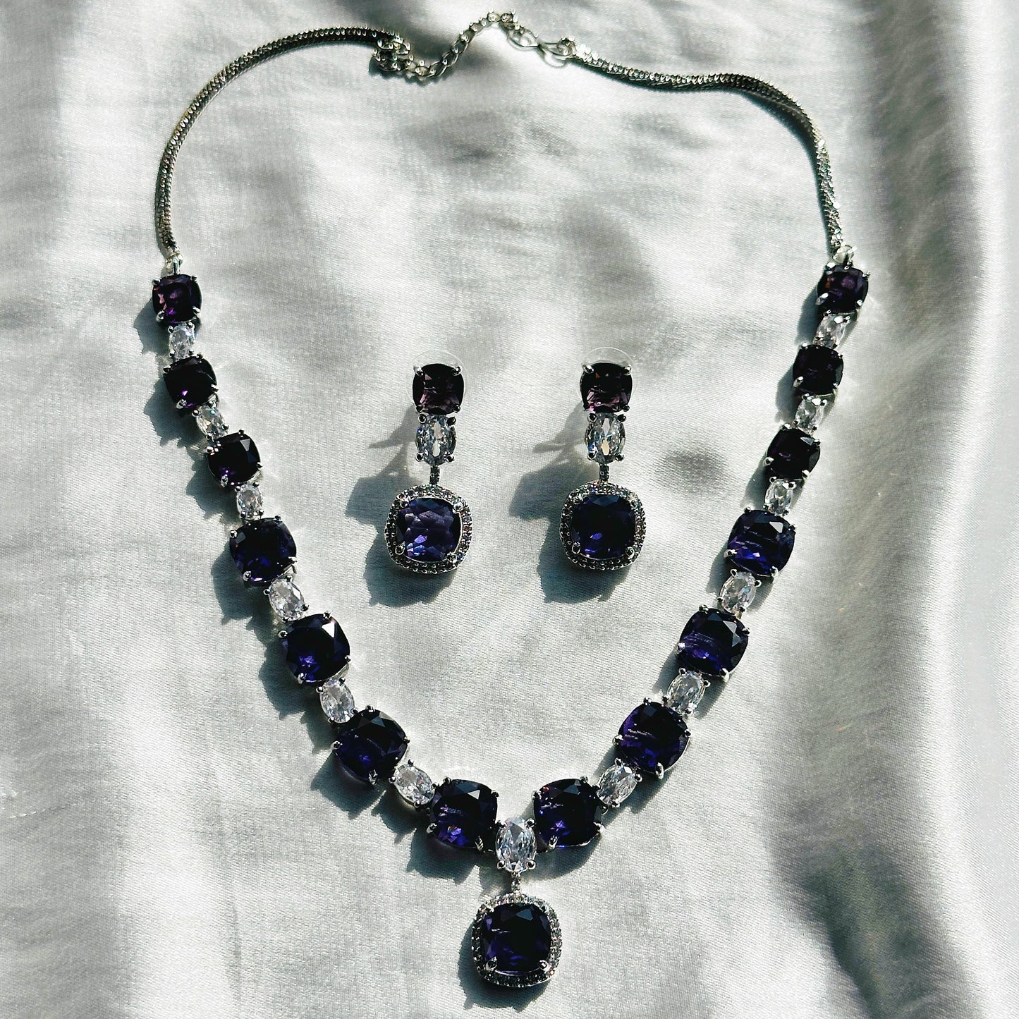 Deep Purple Amethyst Cubic Zircon Stones American Diamond Silver Plated Necklace Set