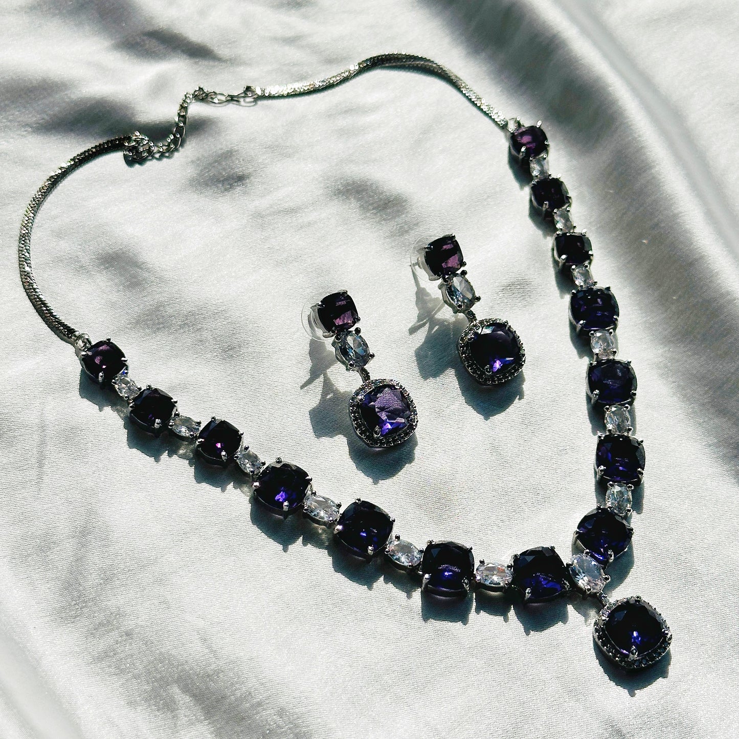 Deep Purple Amethyst Cubic Zircon Stones American Diamond Silver Plated Necklace Set