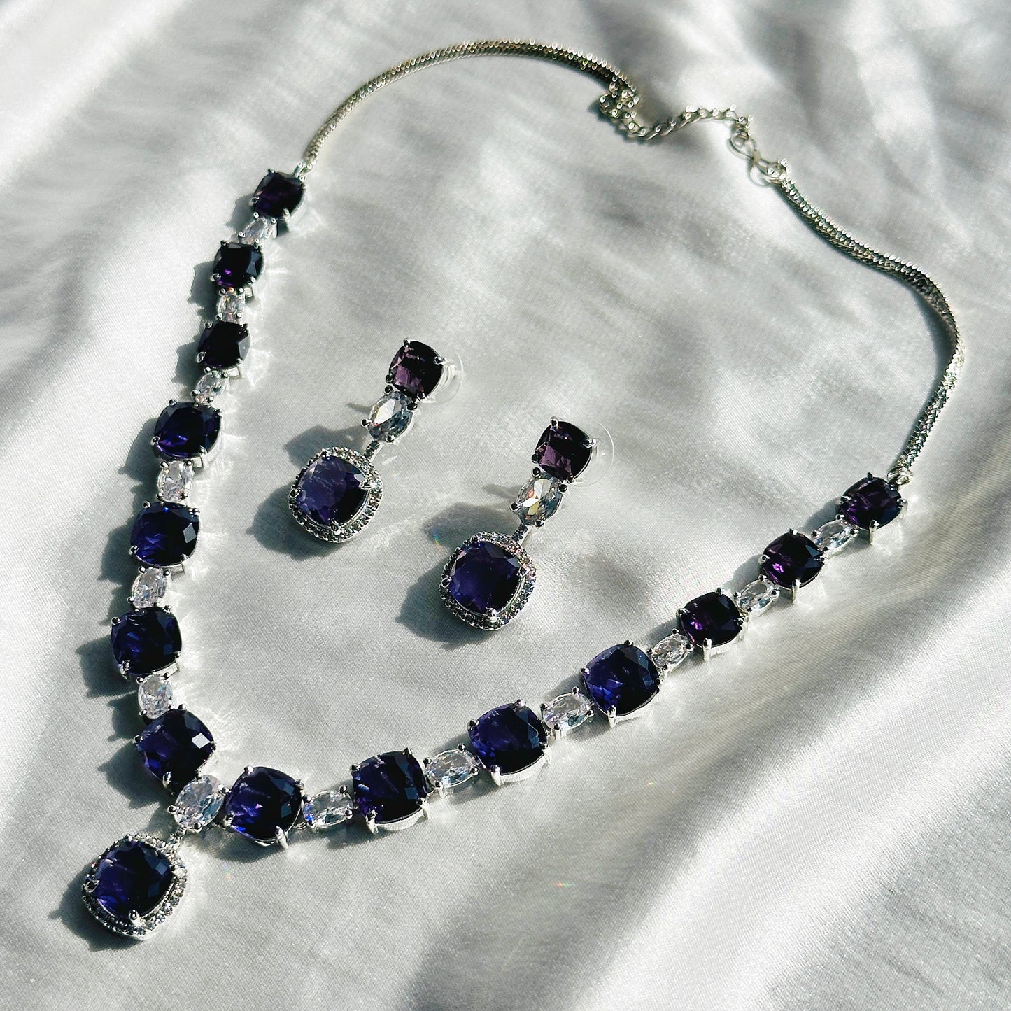 Deep Purple Amethyst Cubic Zircon Stones American Diamond Silver Plated Necklace Set