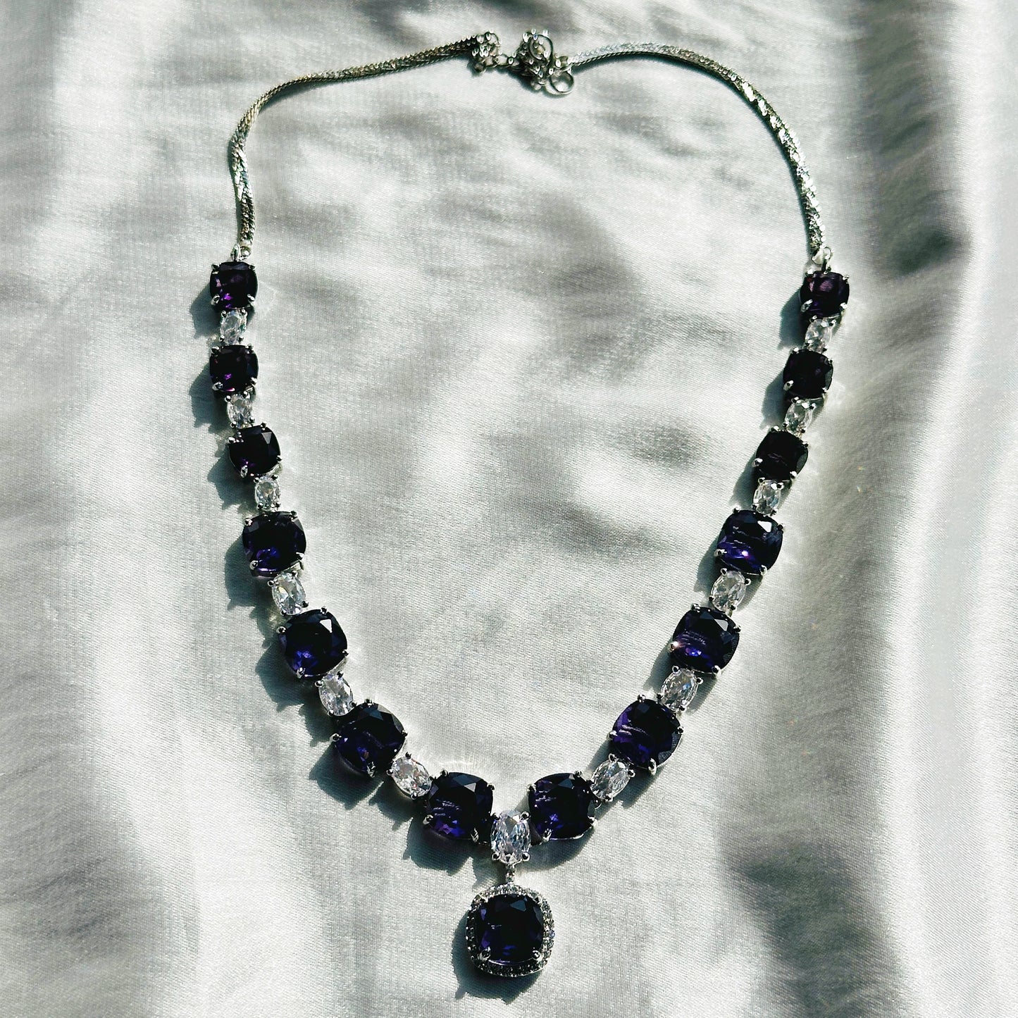 Deep Purple Amethyst Cubic Zircon Stones American Diamond Silver Plated Necklace Set
