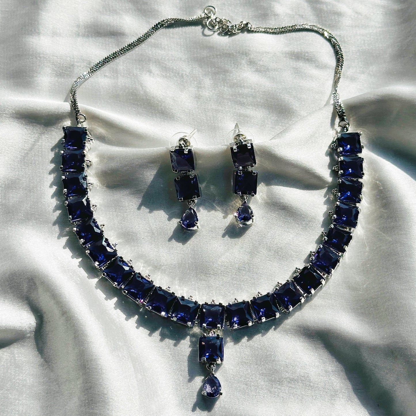 Purple Amethyst Cubic Zirconia American Diamond Silver Plated Necklace Set