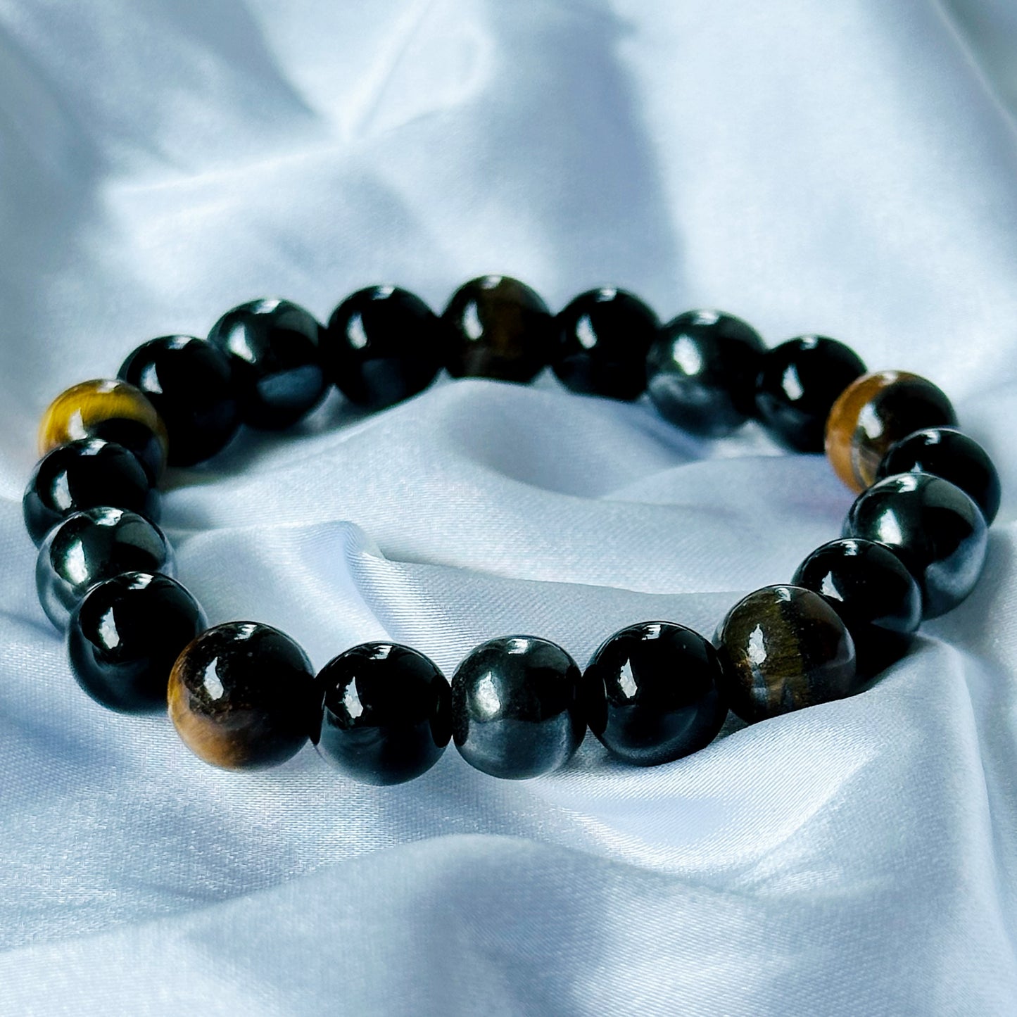 Black Obsidian & Tiger Eye Stones Bracelet, Set of 2