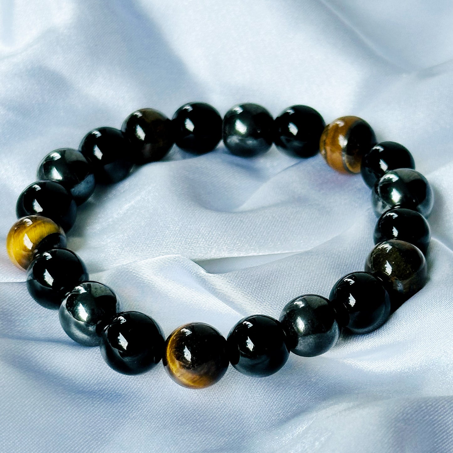 Black Obsidian & Tiger Eye Stones Bracelet, Set of 2