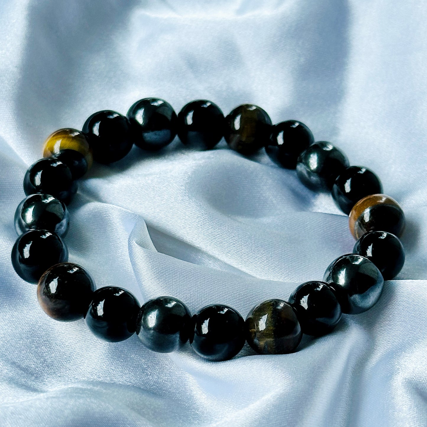 Black Obsidian & Tiger Eye Stones Bracelet, Set of 2
