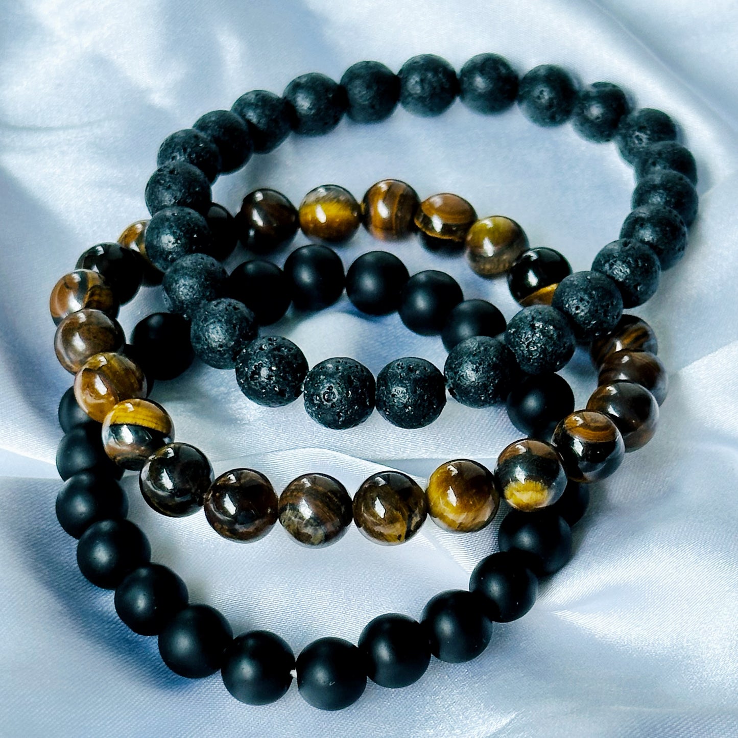 Black Lava/Obsidian & Tiger Eye Stones Bracelet, Set of 3