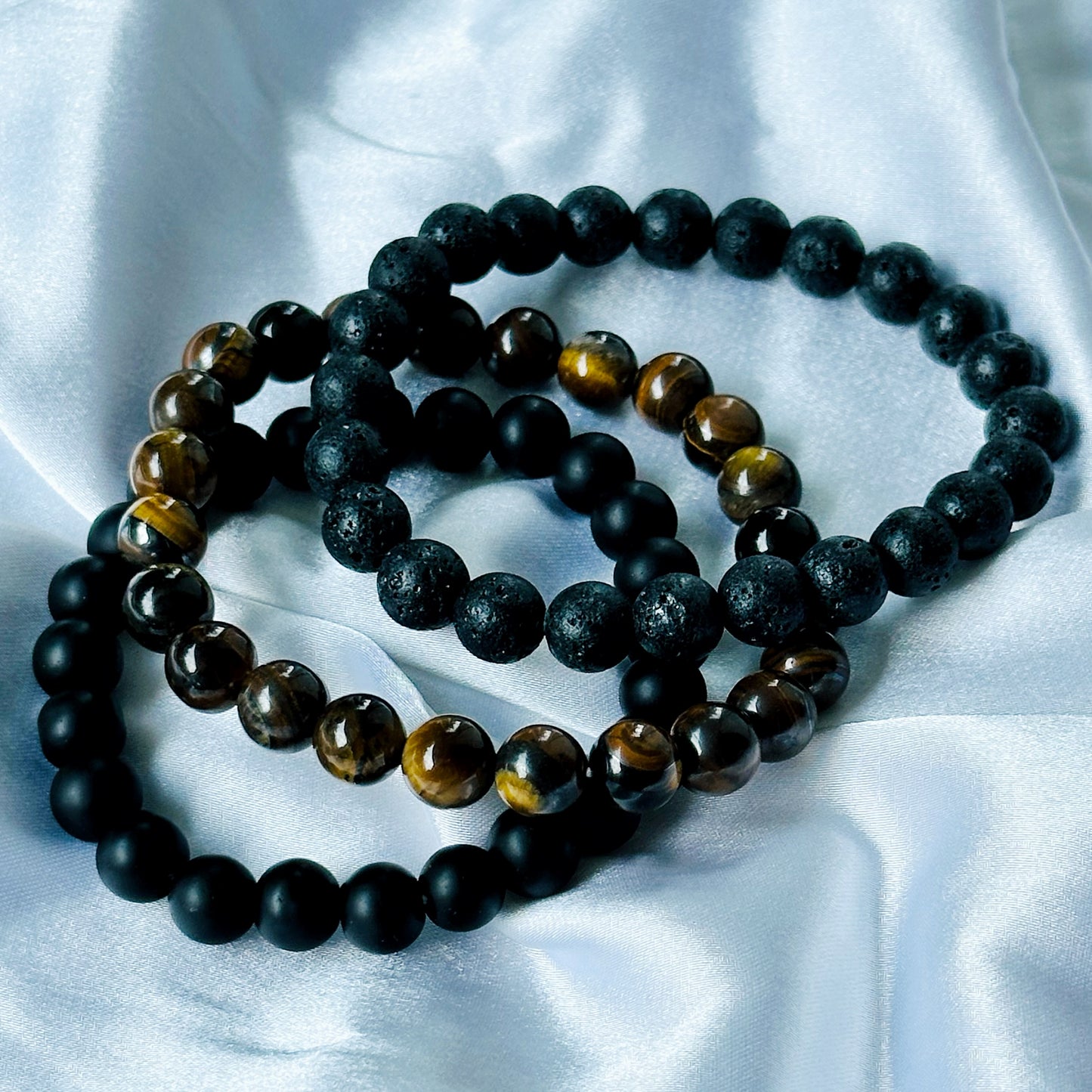 Black Lava/Obsidian & Tiger Eye Stones Bracelet, Set of 3