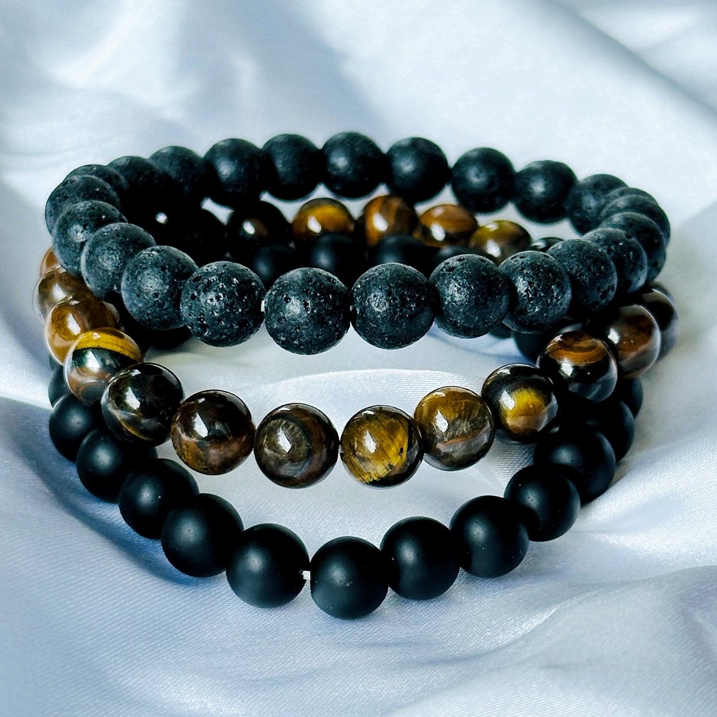 Black Lava/Obsidian & Tiger Eye Stones Bracelet, Set of 3
