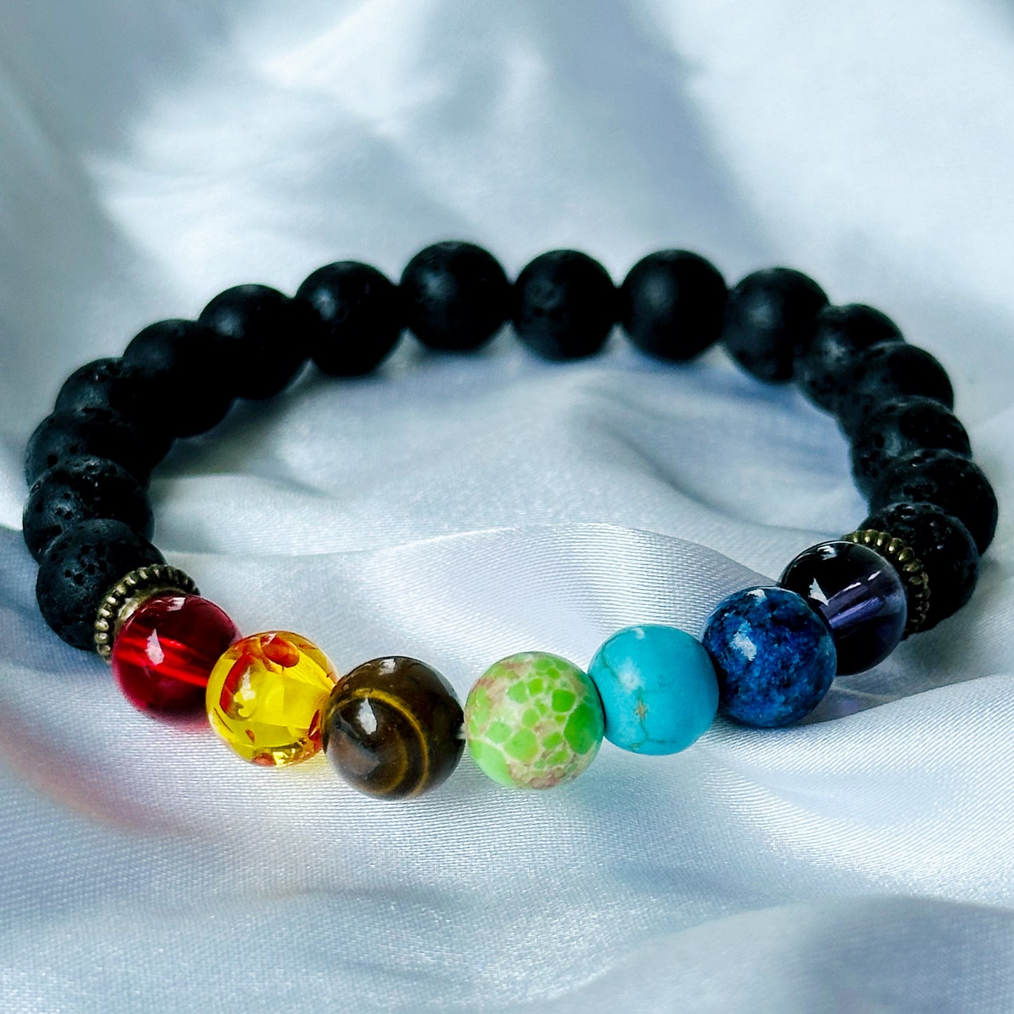 Black Lava/Obsidian 7 Chakras Stones Bracelet, Set of 2
