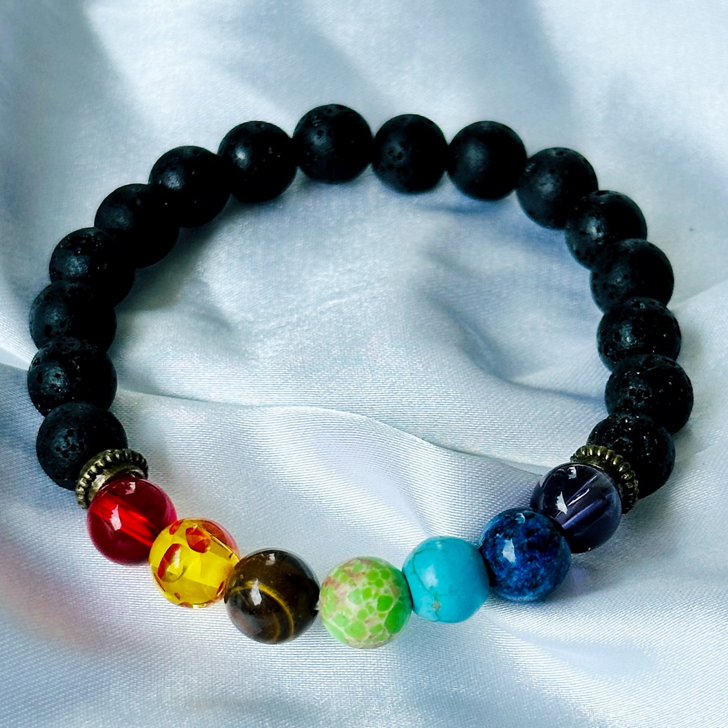 Black Lava/Obsidian 7 Chakras Stones Bracelet, Set of 2