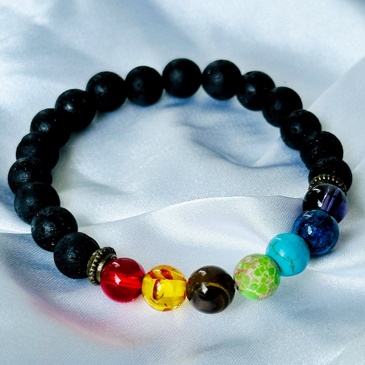 Black Lava/Obsidian 7 Chakras Stones Bracelet, Set of 2