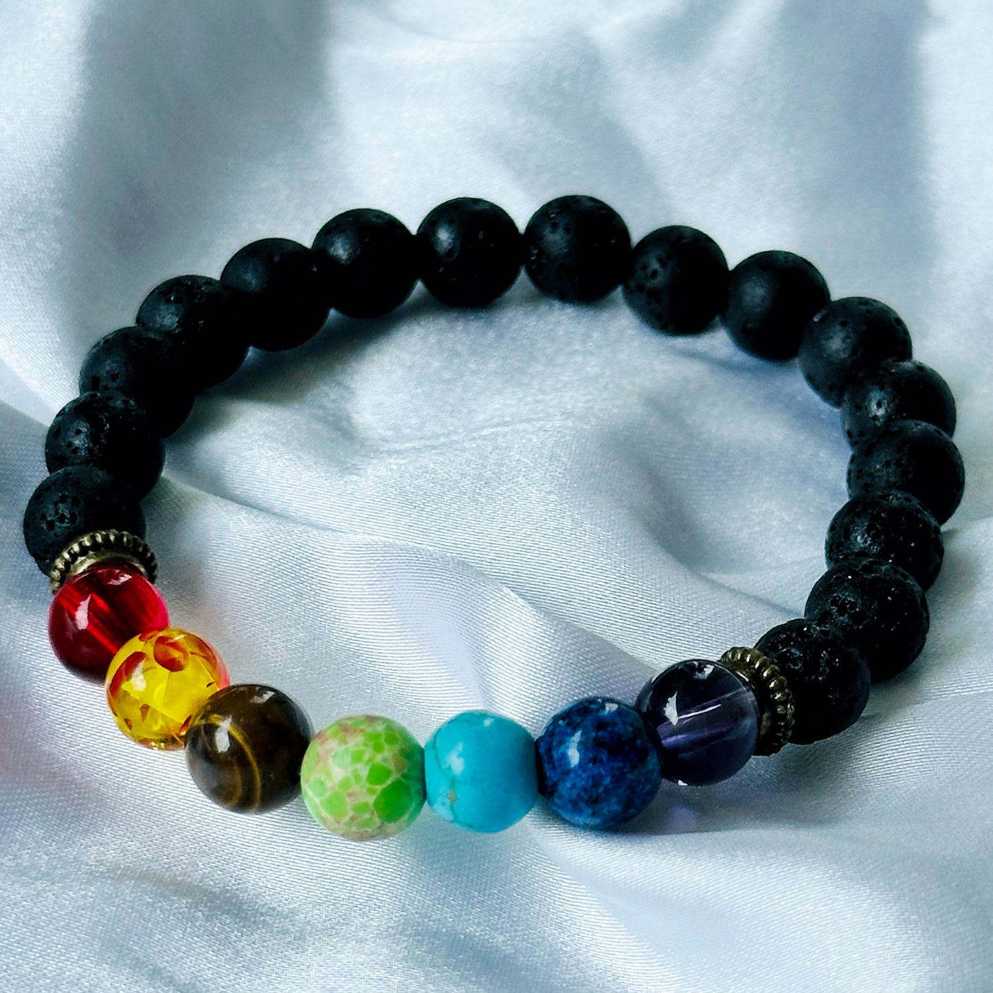 Black Lava/Obsidian 7 Chakras Stones Bracelet, Set of 2