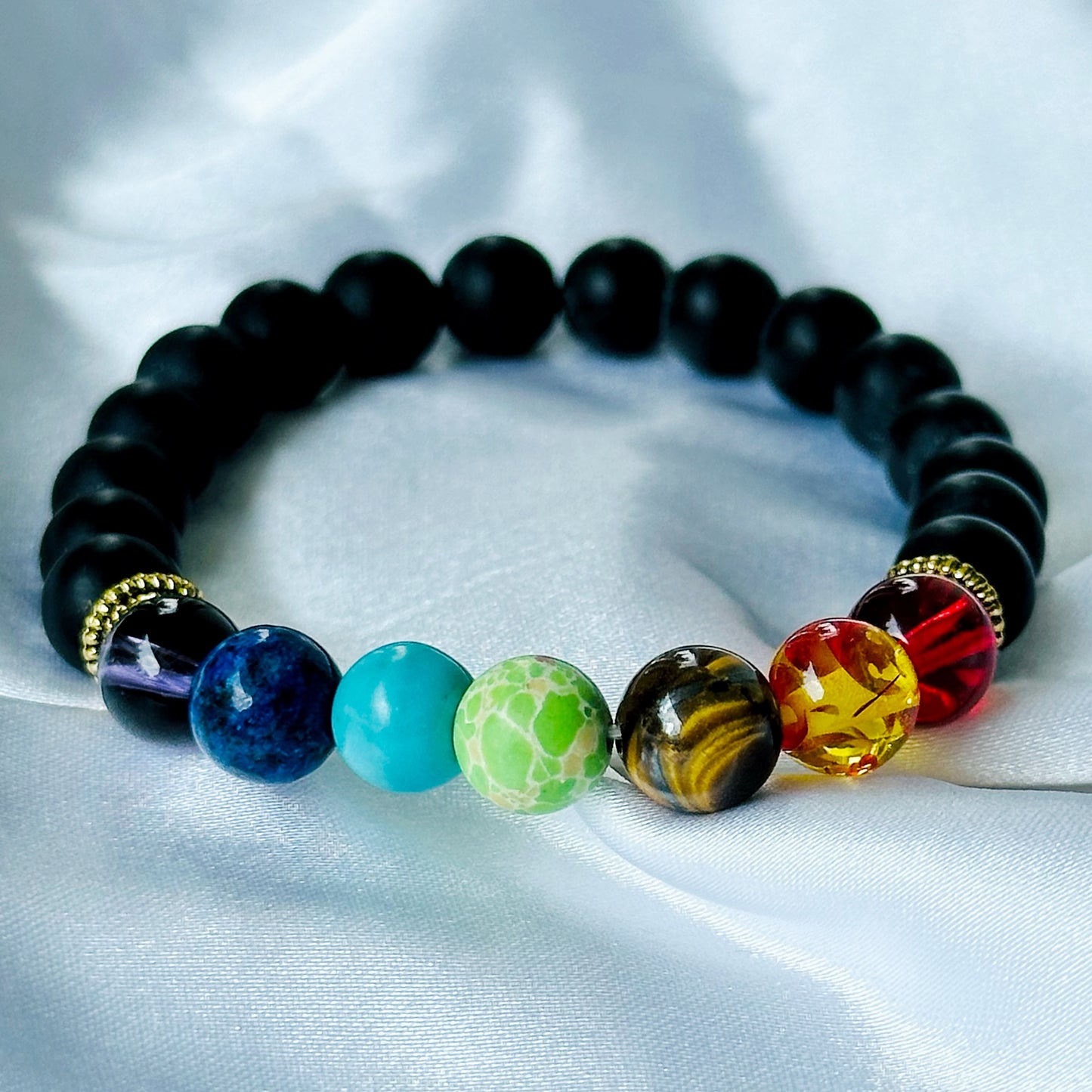 Black Lava/Obsidian 7 Chakras Stones Bracelet, Set of 2