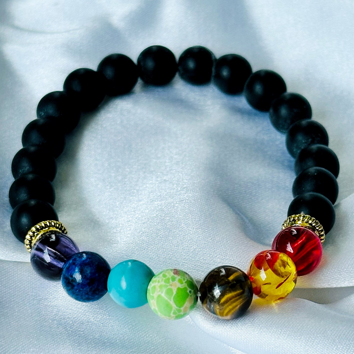 Black Lava/Obsidian 7 Chakras Stones Bracelet, Set of 2