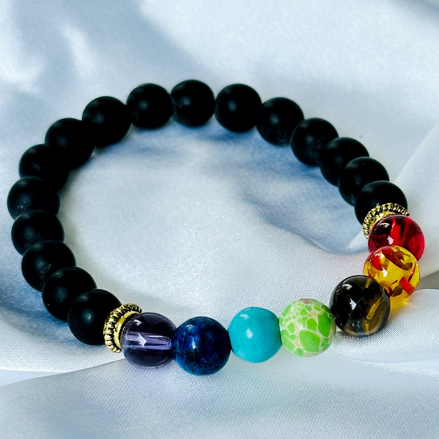 Black Lava/Obsidian 7 Chakras Stones Bracelet, Set of 2