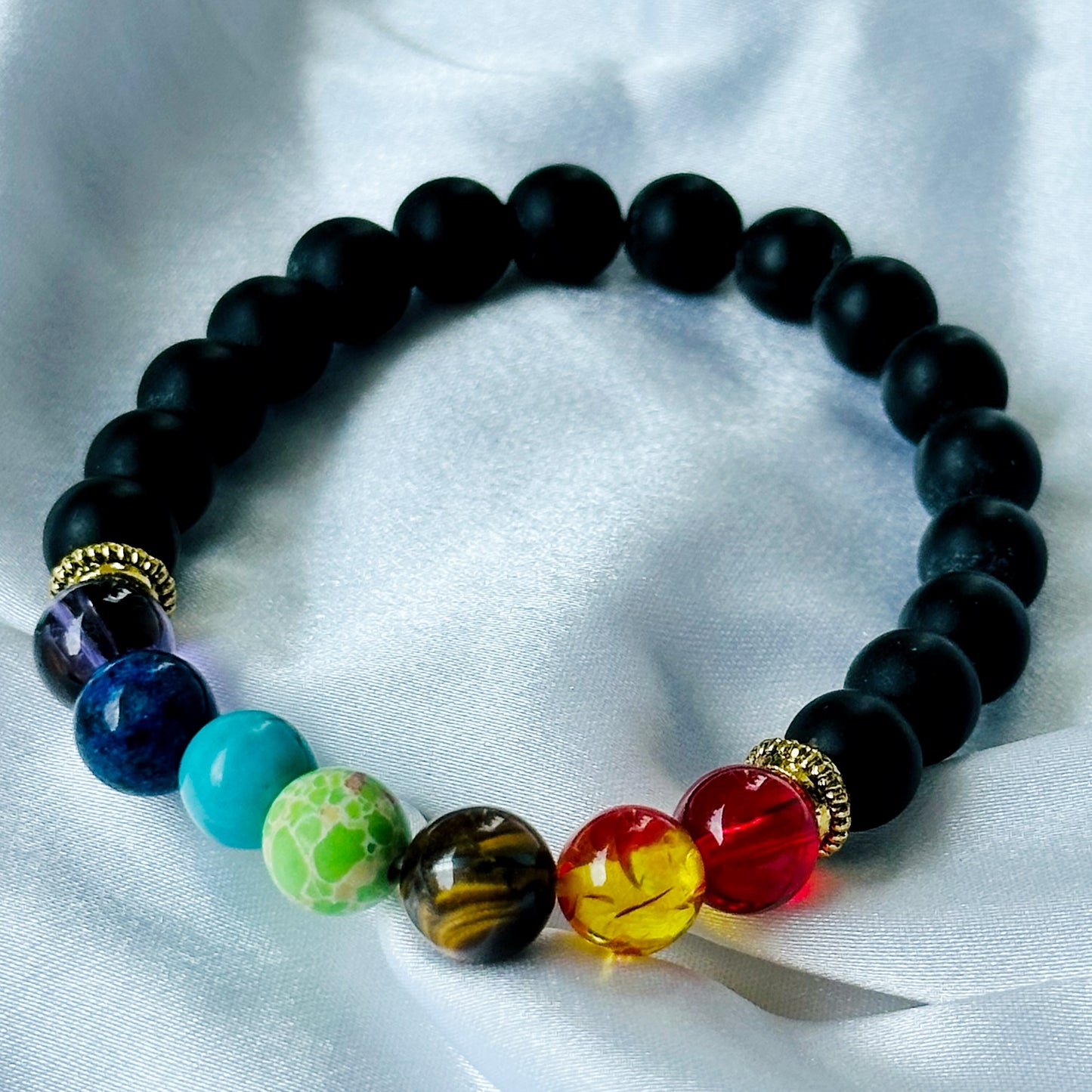 Black Lava/Obsidian 7 Chakras Stones Bracelet, Set of 2