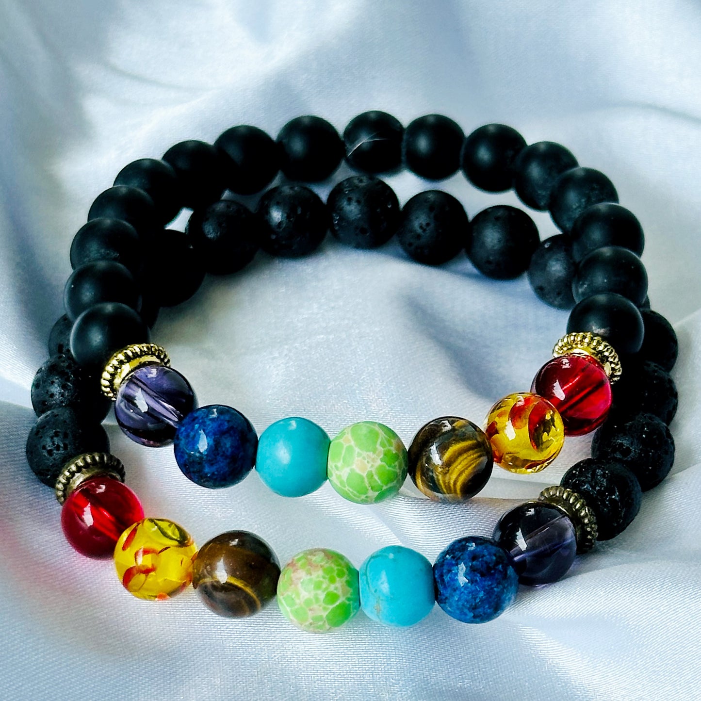 Black Lava/Obsidian 7 Chakras Stones Bracelet, Set of 2