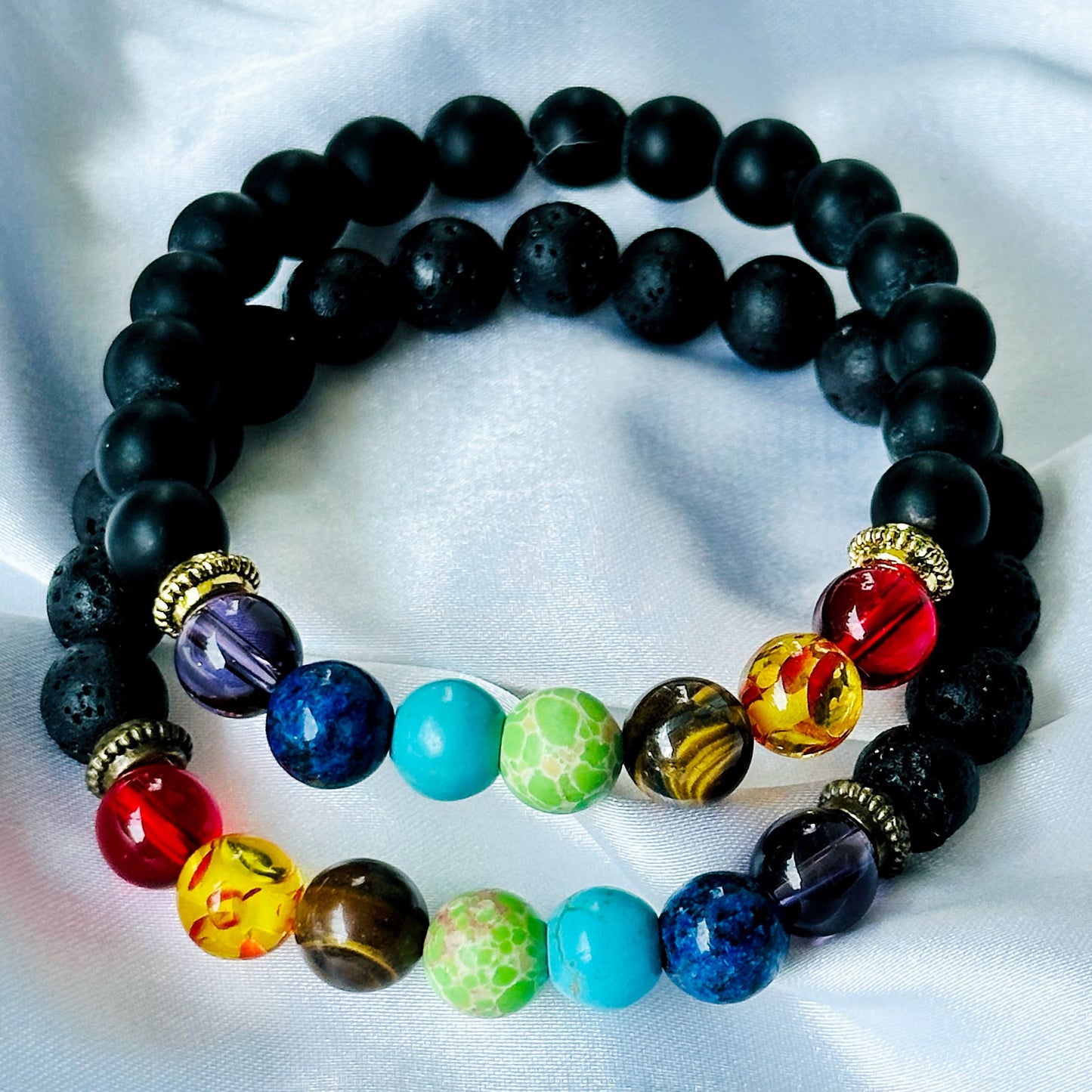 Black Lava/Obsidian 7 Chakras Stones Bracelet, Set of 2