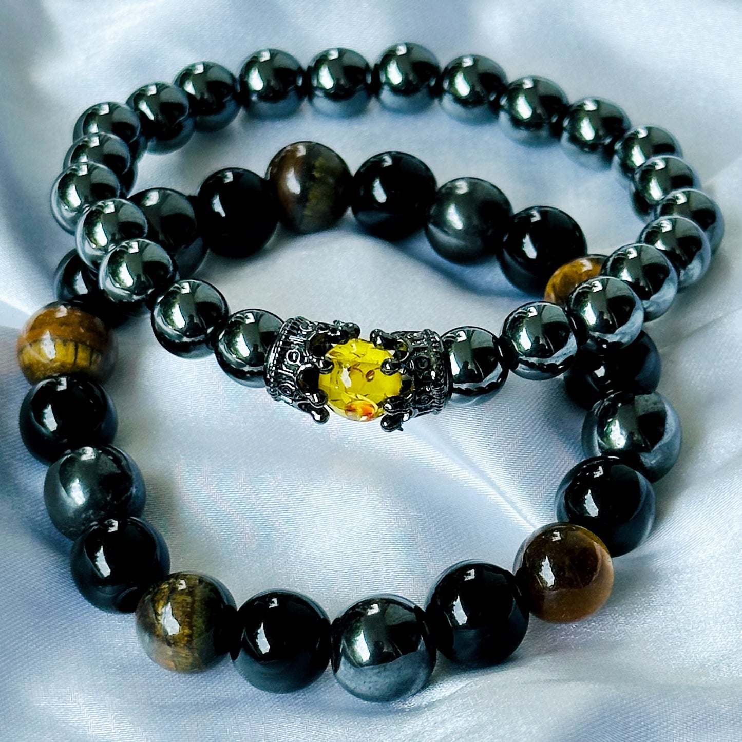Black Obsidian & Tiger Eye Stones Bracelet, Set of 2
