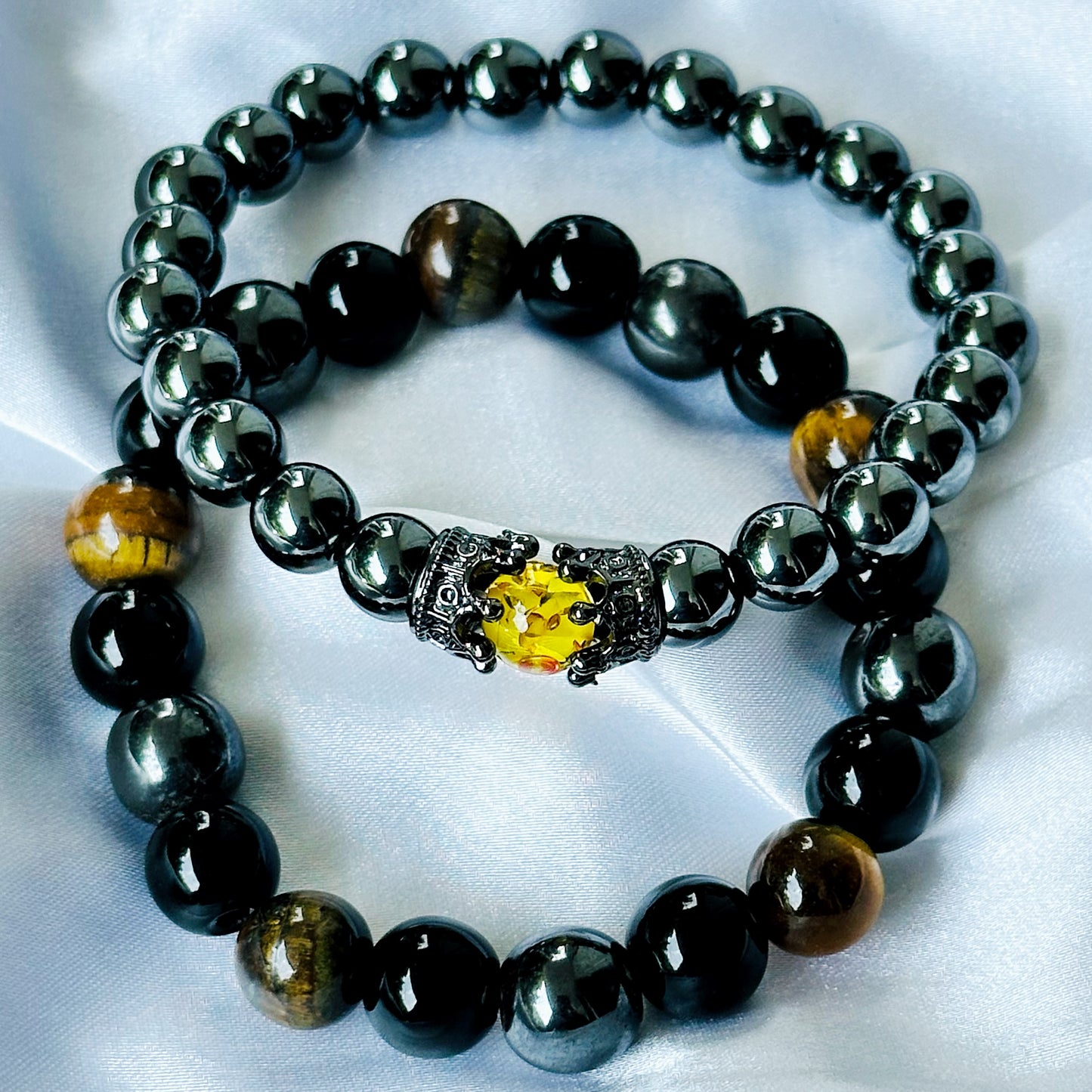 Black Obsidian & Tiger Eye Stones Bracelet, Set of 2
