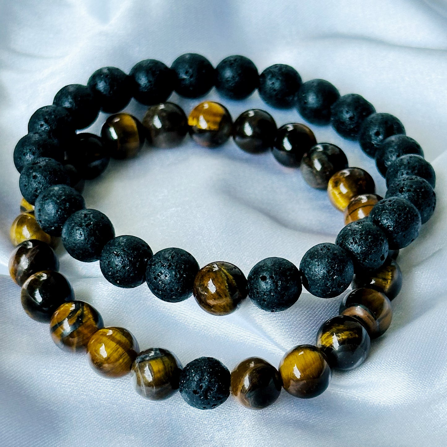 Black Lava & Tiger Eye Stones Bracelet, Set of 2
