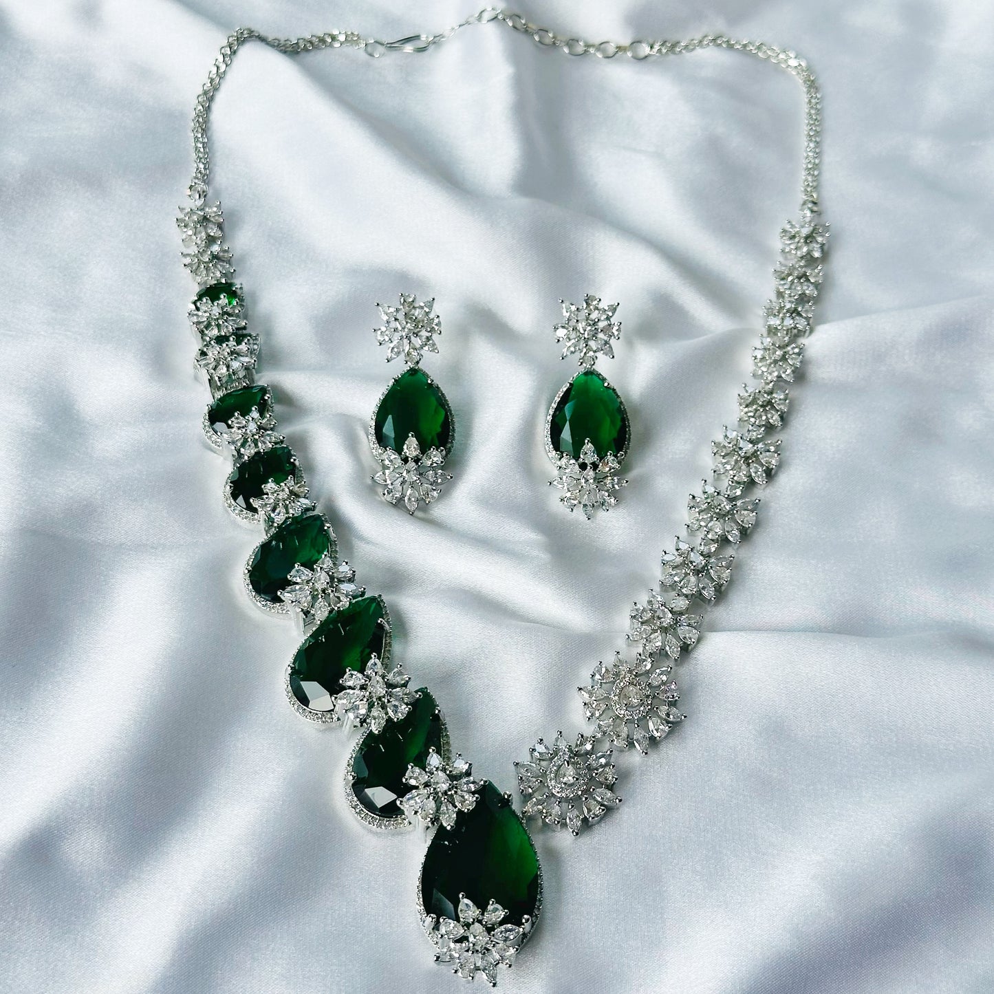 Green Emerald Cubic Zircon Stone American Diamond Silver Plated Necklace Set