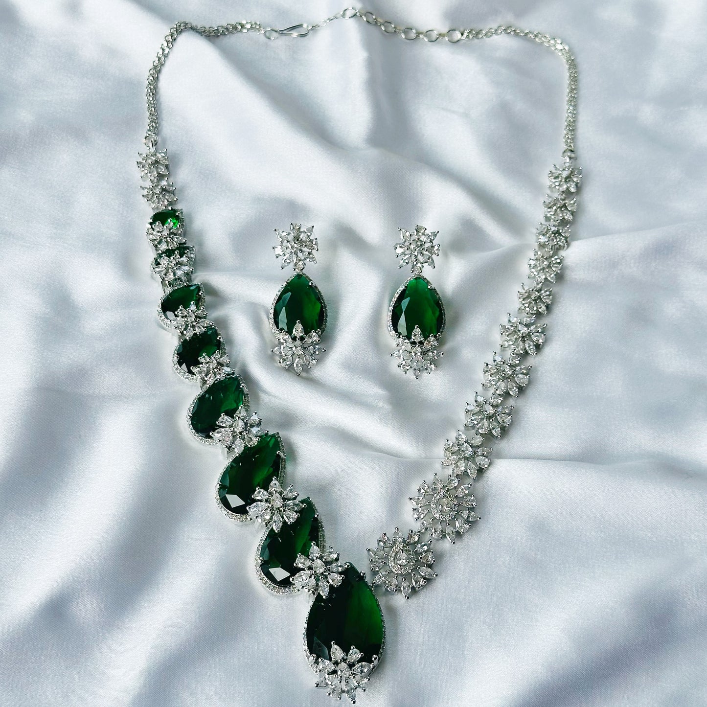 Green Emerald Cubic Zircon Stone American Diamond Silver Plated Necklace Set