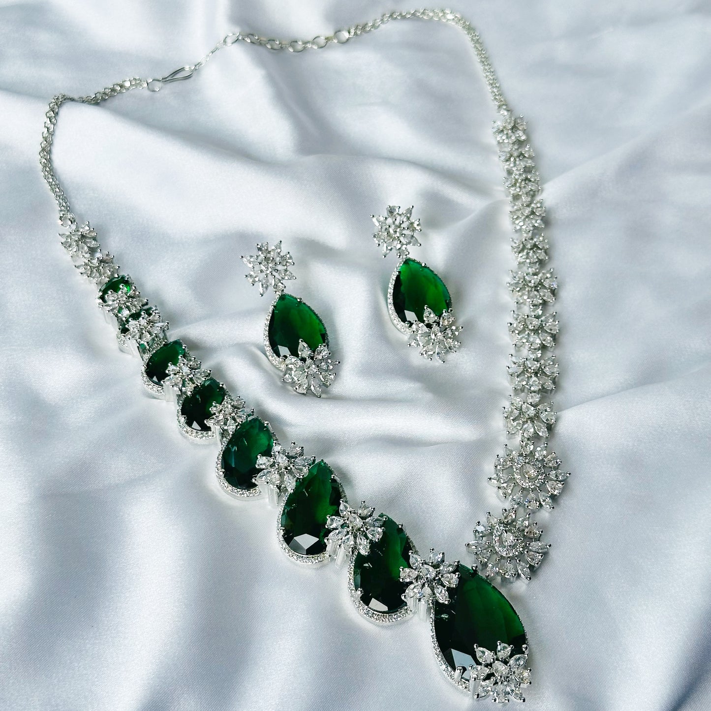 Green Emerald Cubic Zircon Stone American Diamond Silver Plated Necklace Set