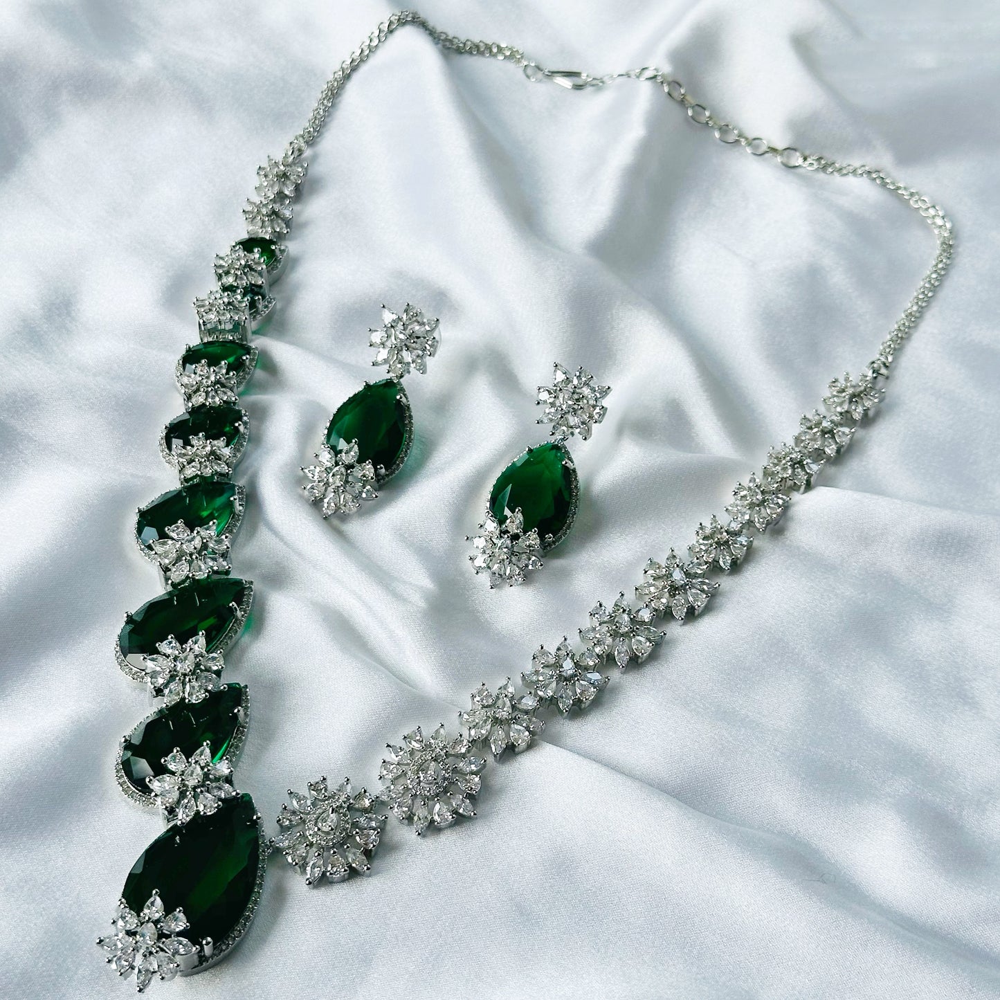 Green Emerald Cubic Zircon Stone American Diamond Silver Plated Necklace Set