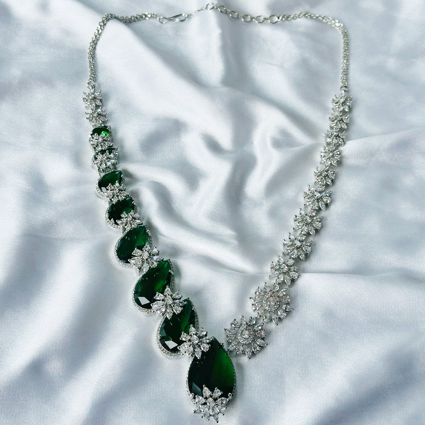 Green Emerald Cubic Zircon Stone American Diamond Silver Plated Necklace Set