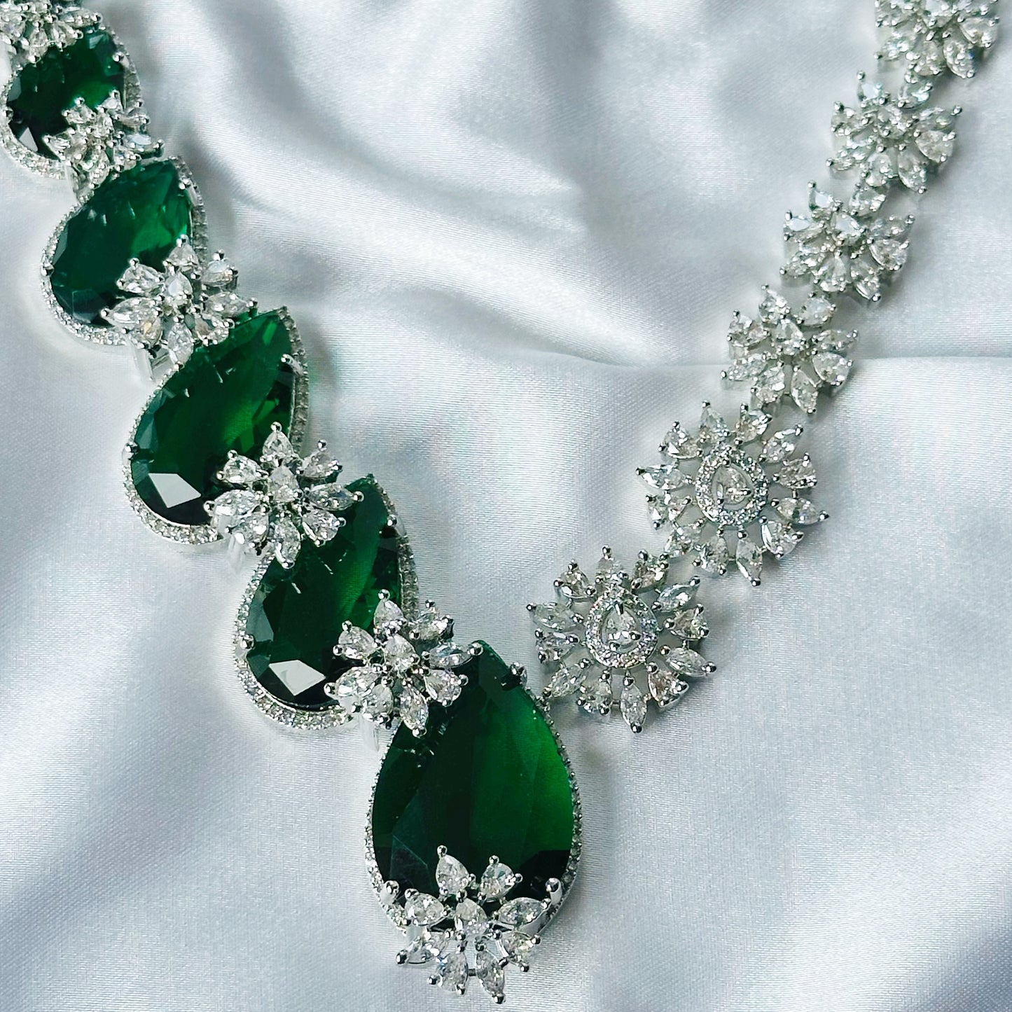 Green Emerald Cubic Zircon Stone American Diamond Silver Plated Necklace Set