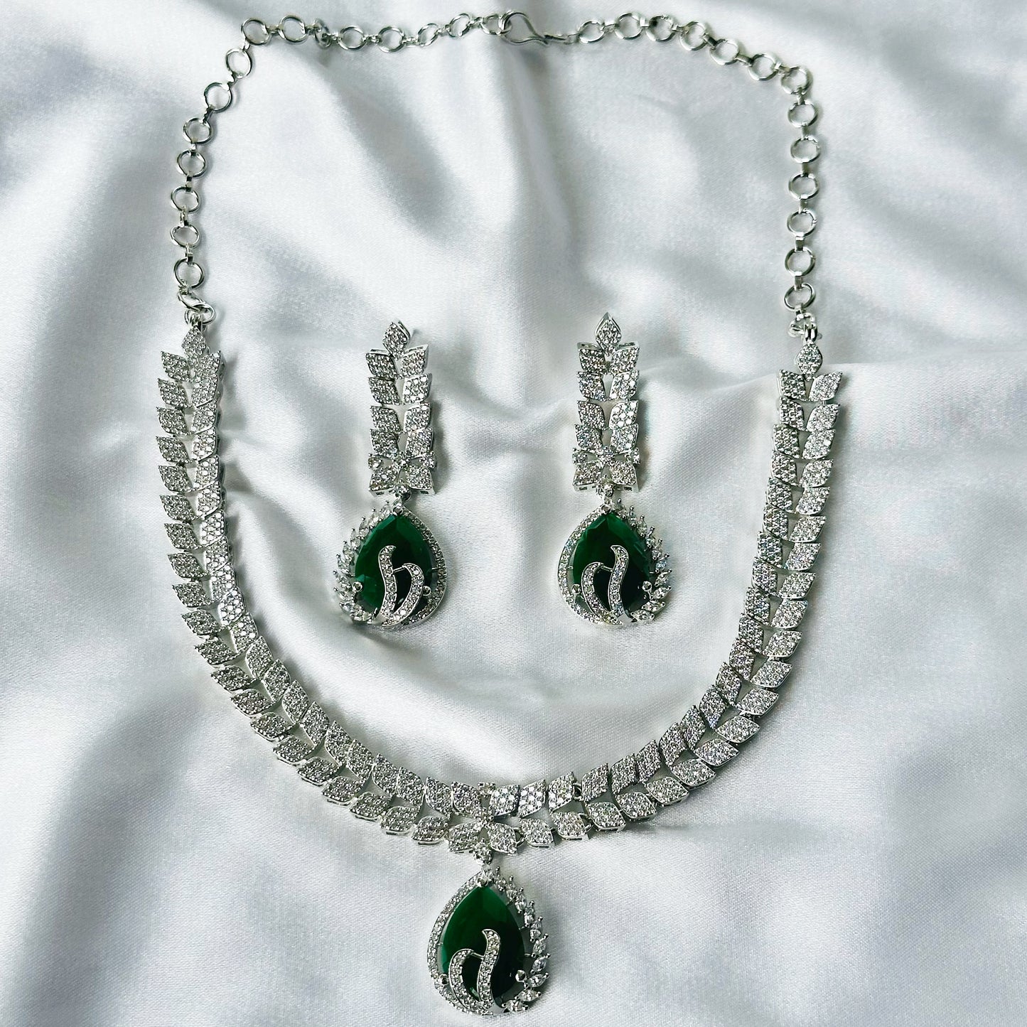 Green Emerald Cubic Zircon Stone American Diamond Silver Plated Necklace Set