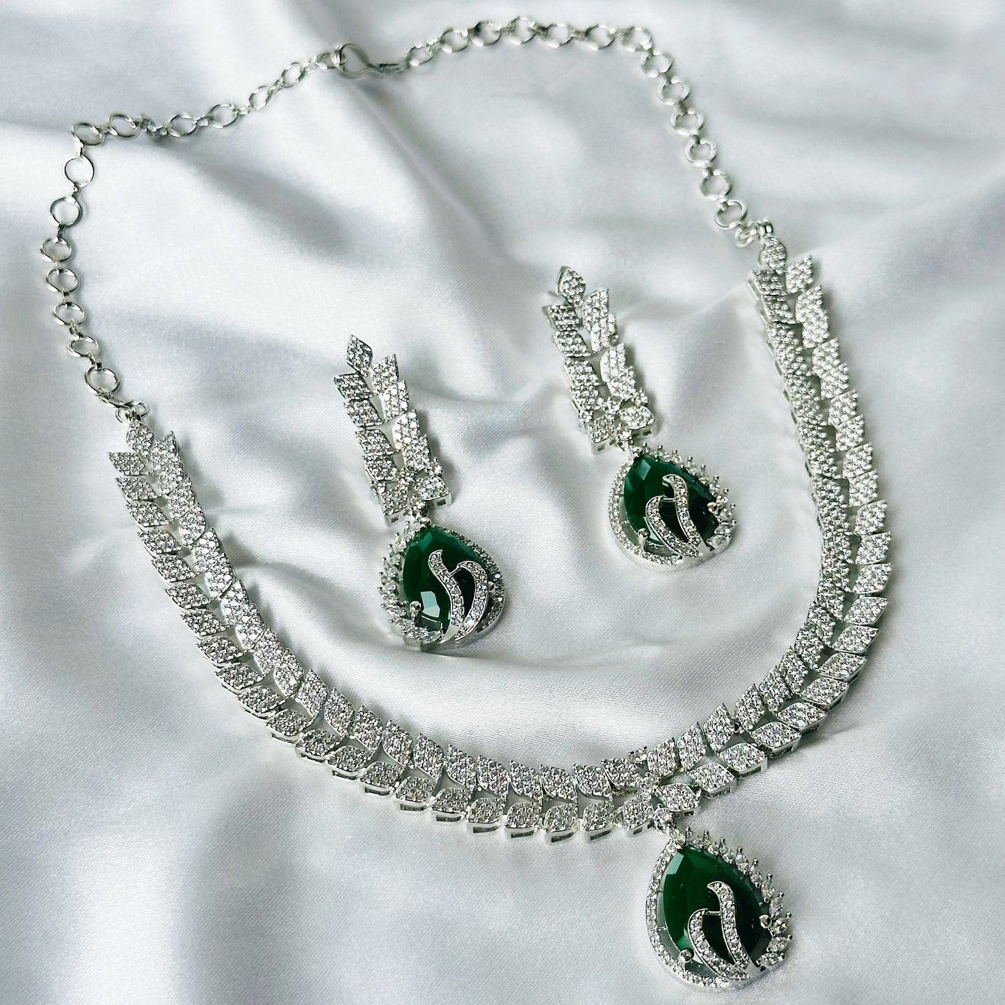 Green Emerald Cubic Zircon Stone American Diamond Silver Plated Necklace Set