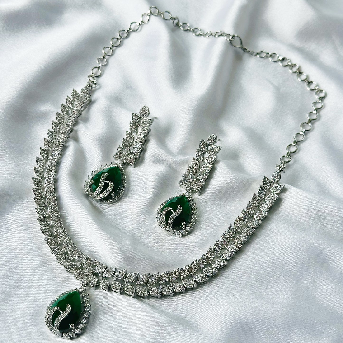 Green Emerald Cubic Zircon Stone American Diamond Silver Plated Necklace Set