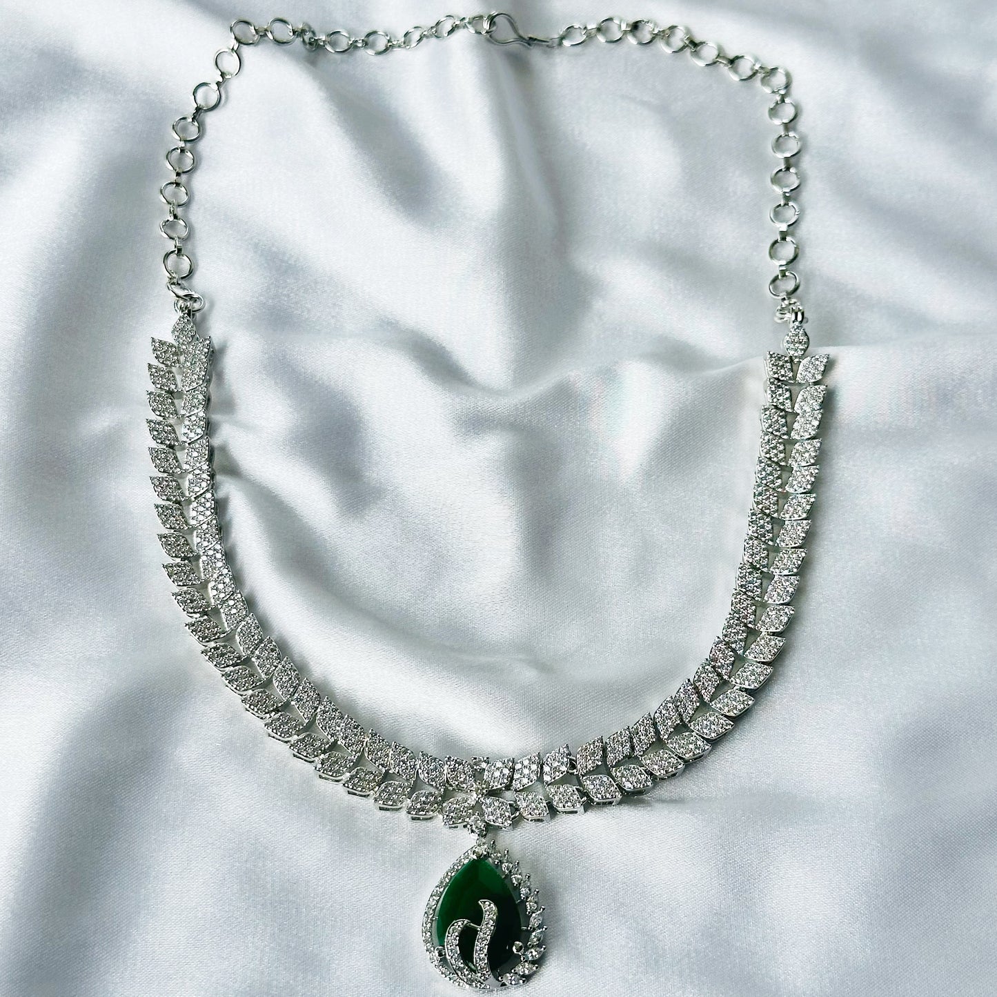 Green Emerald Cubic Zircon Stone American Diamond Silver Plated Necklace Set