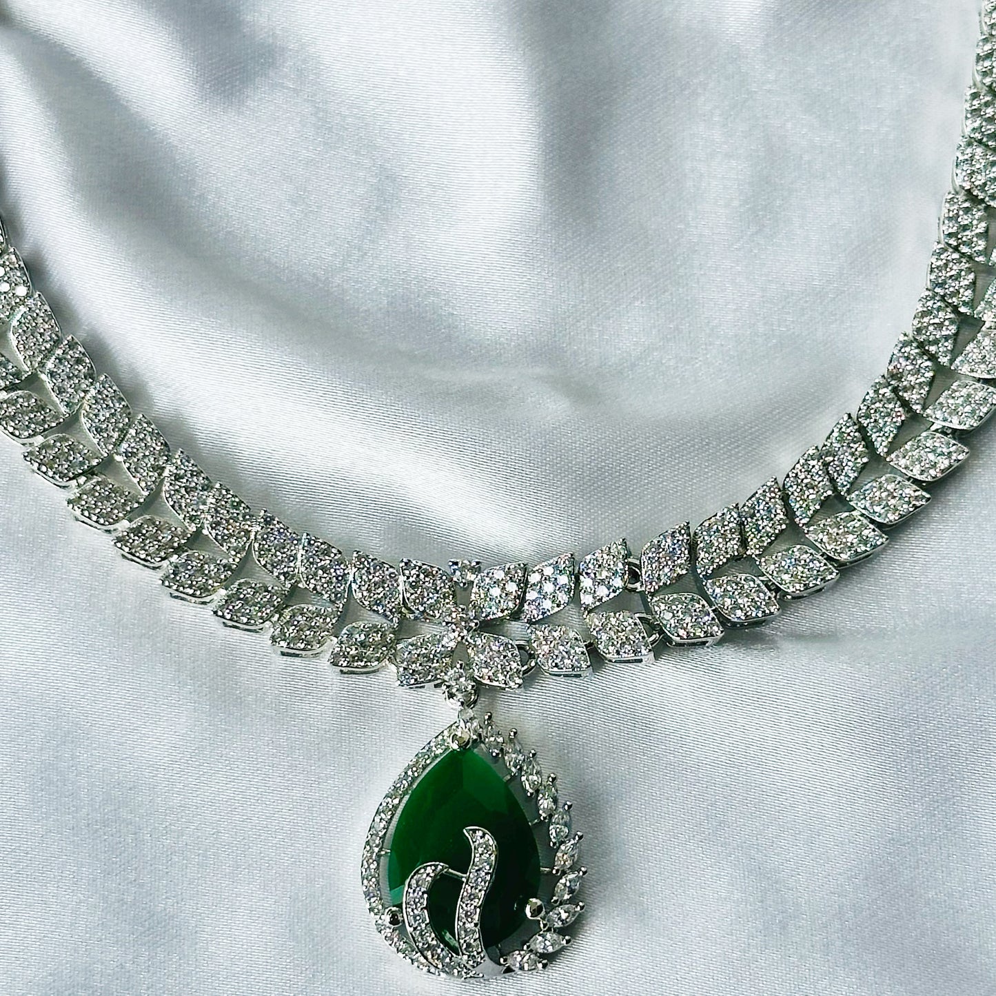 Green Emerald Cubic Zircon Stone American Diamond Silver Plated Necklace Set