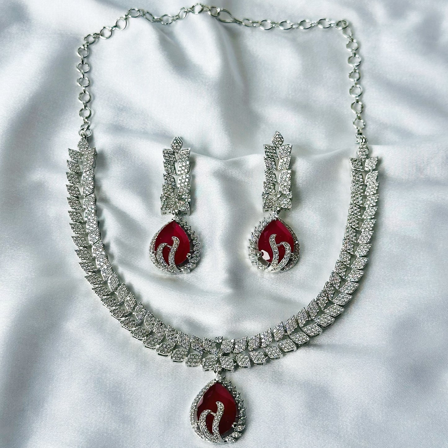 Red Ruby Cubic Zircon Stone American Diamond Silver Plated Necklace Set