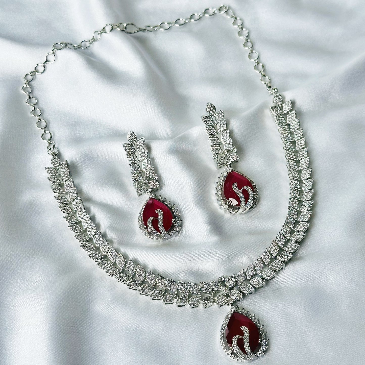 Red Ruby Cubic Zircon Stone American Diamond Silver Plated Necklace Set