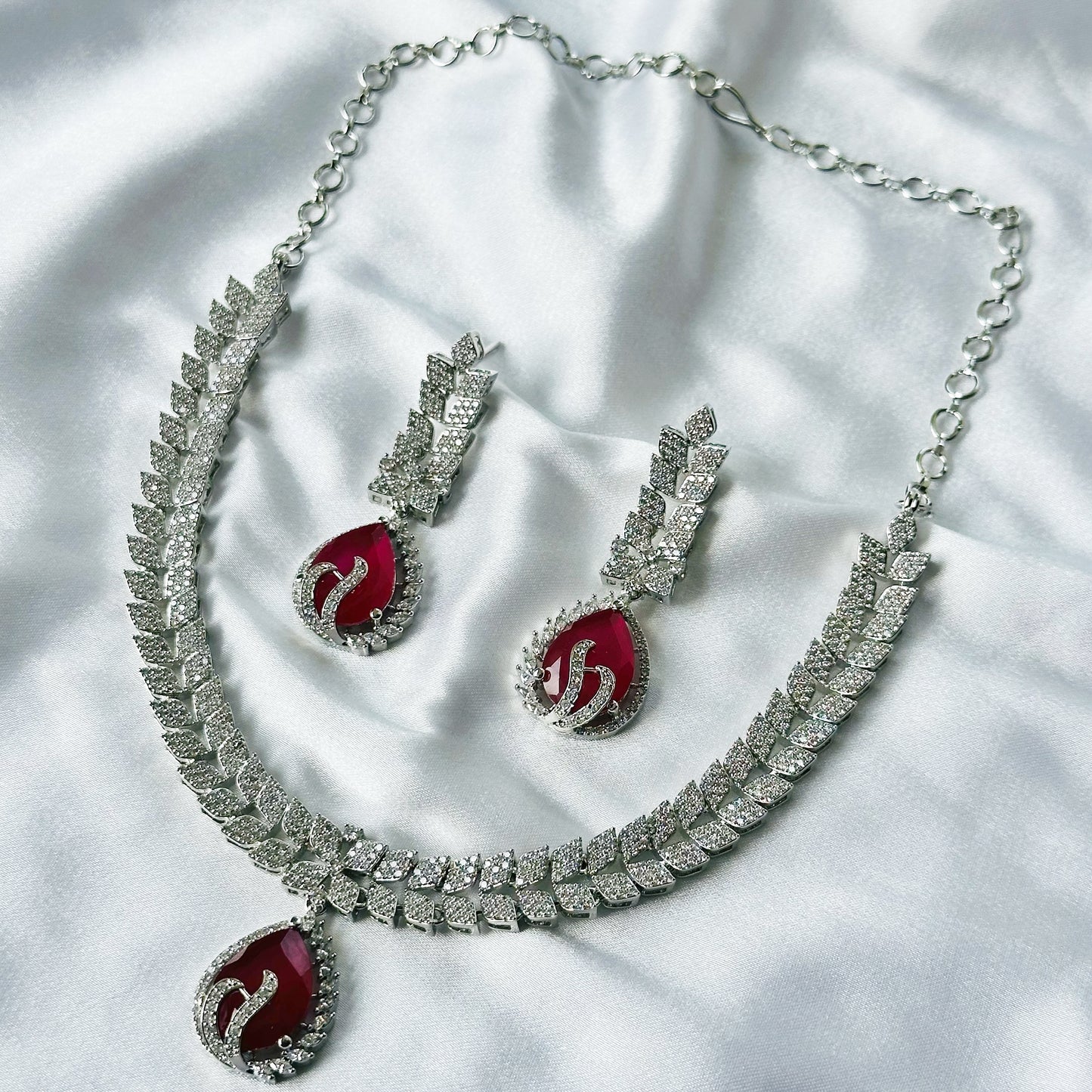 Red Ruby Cubic Zircon Stone American Diamond Silver Plated Necklace Set