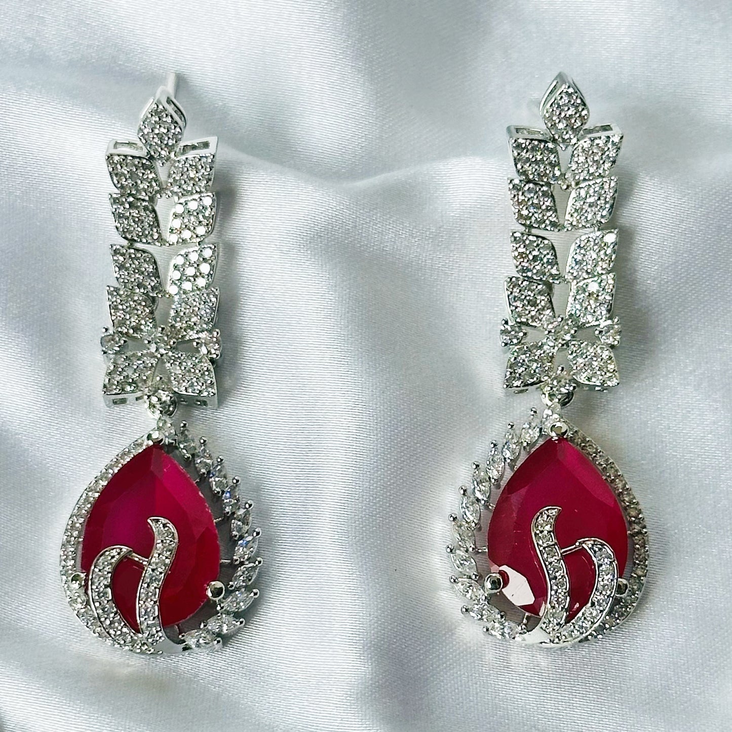 Red Ruby Cubic Zircon Stone American Diamond Silver Plated Necklace Set