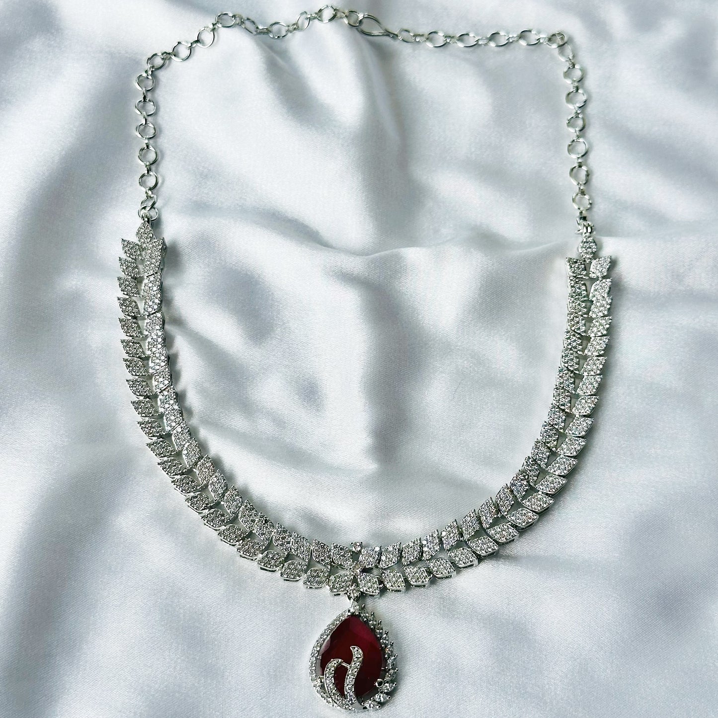 Red Ruby Cubic Zircon Stone American Diamond Silver Plated Necklace Set